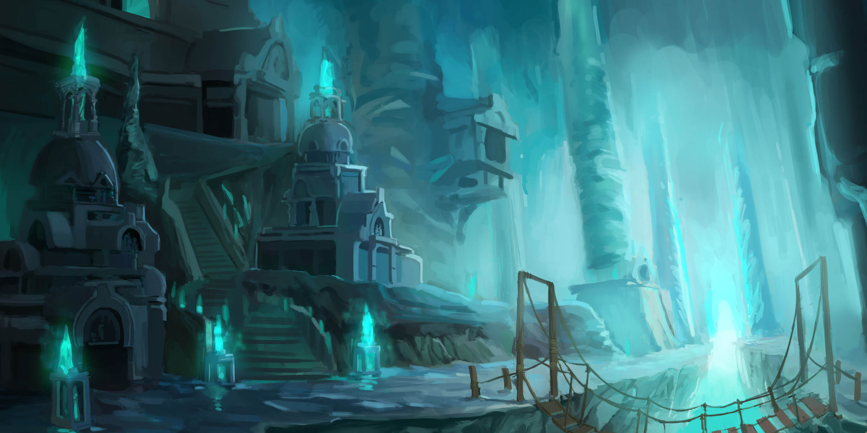 An underground city lit by an ethereal, blue light.