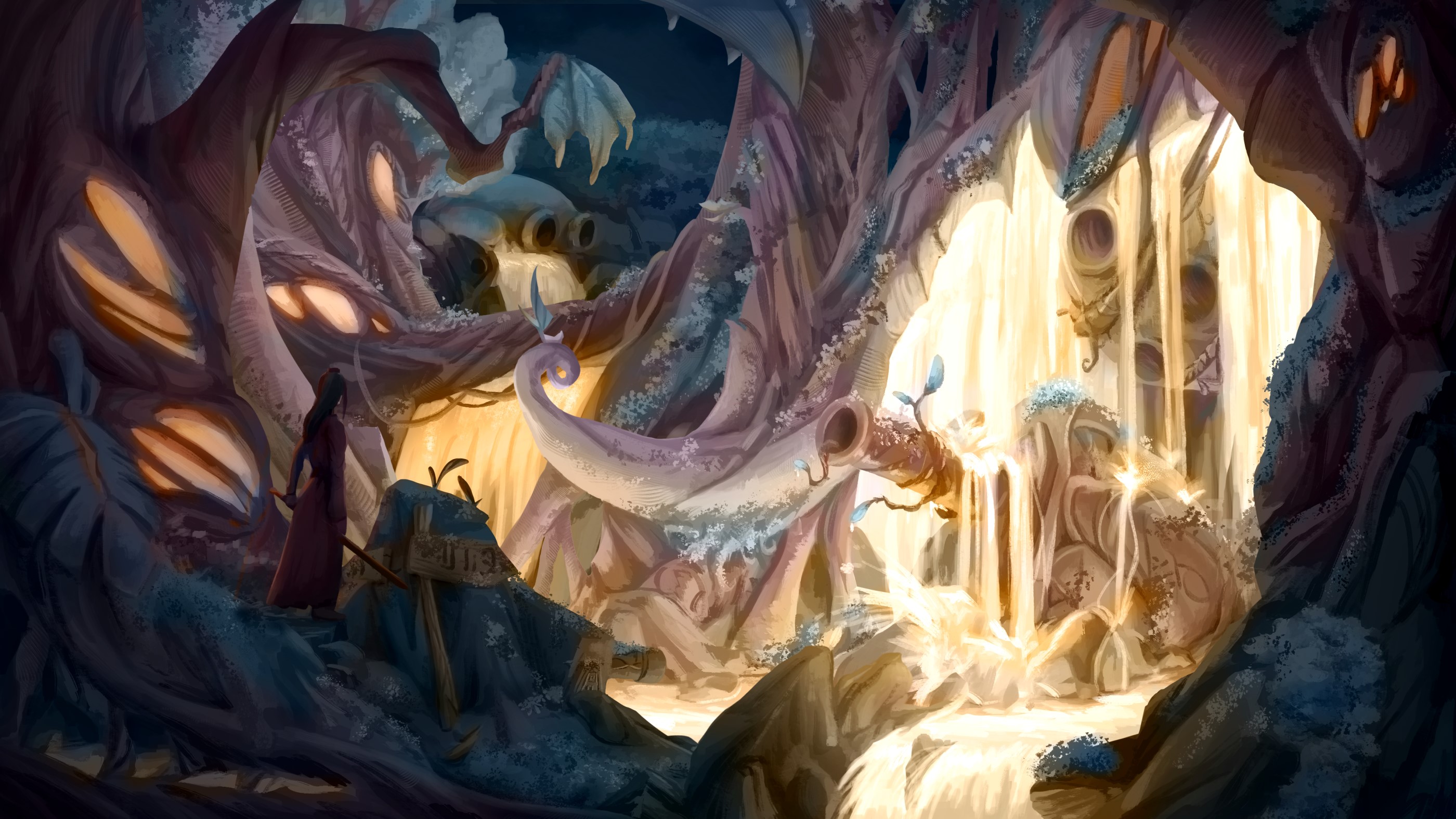 Digital artwork of a fantasy landscape in an enchanted forest 