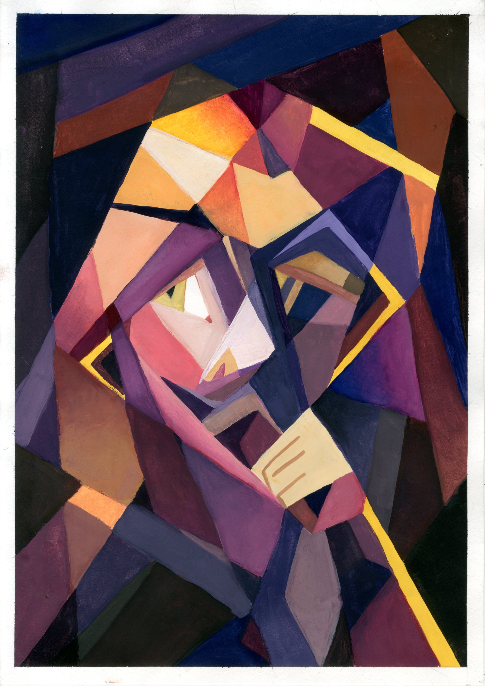 Cubist style traditional painting of an artist self-portrait