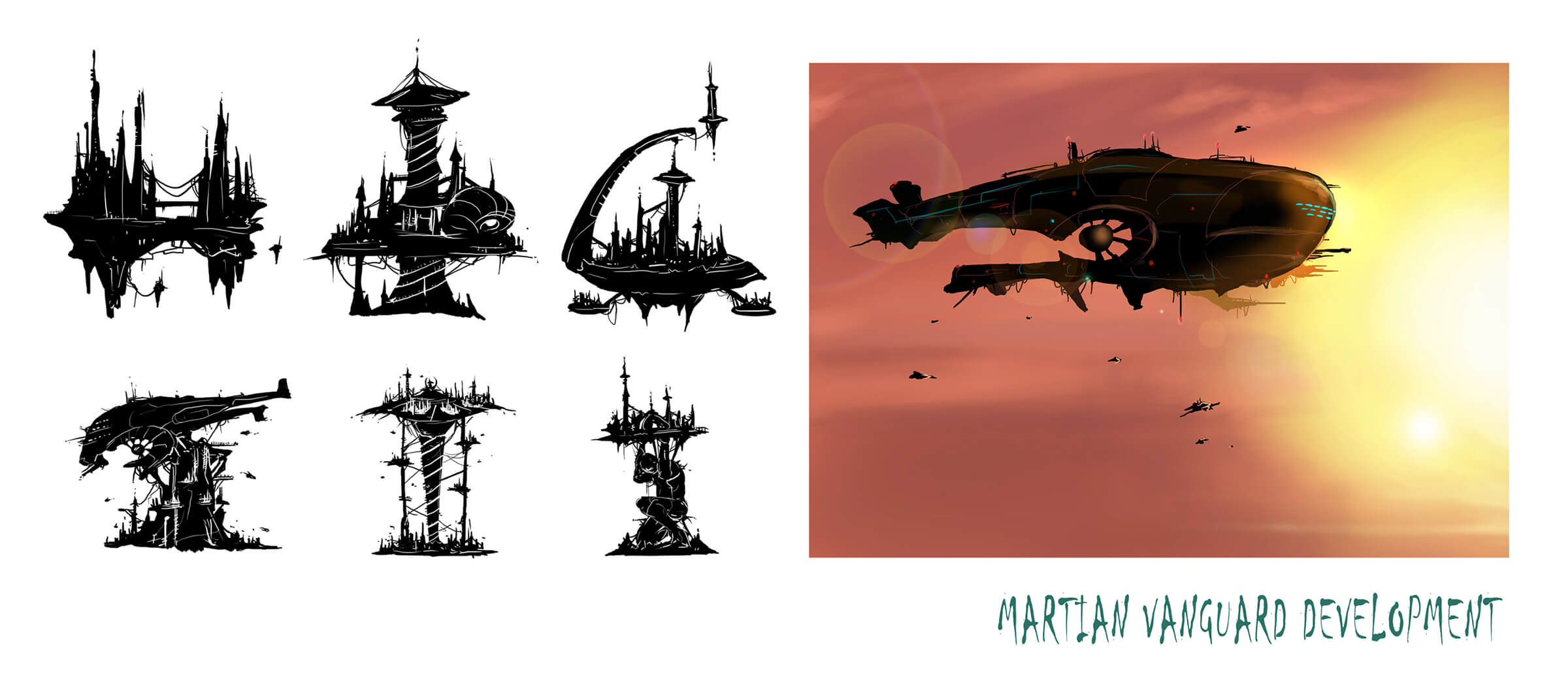 Concept sketches of an alien, city-like aircraft, with varying amounts of spire and tower structures on top of it.