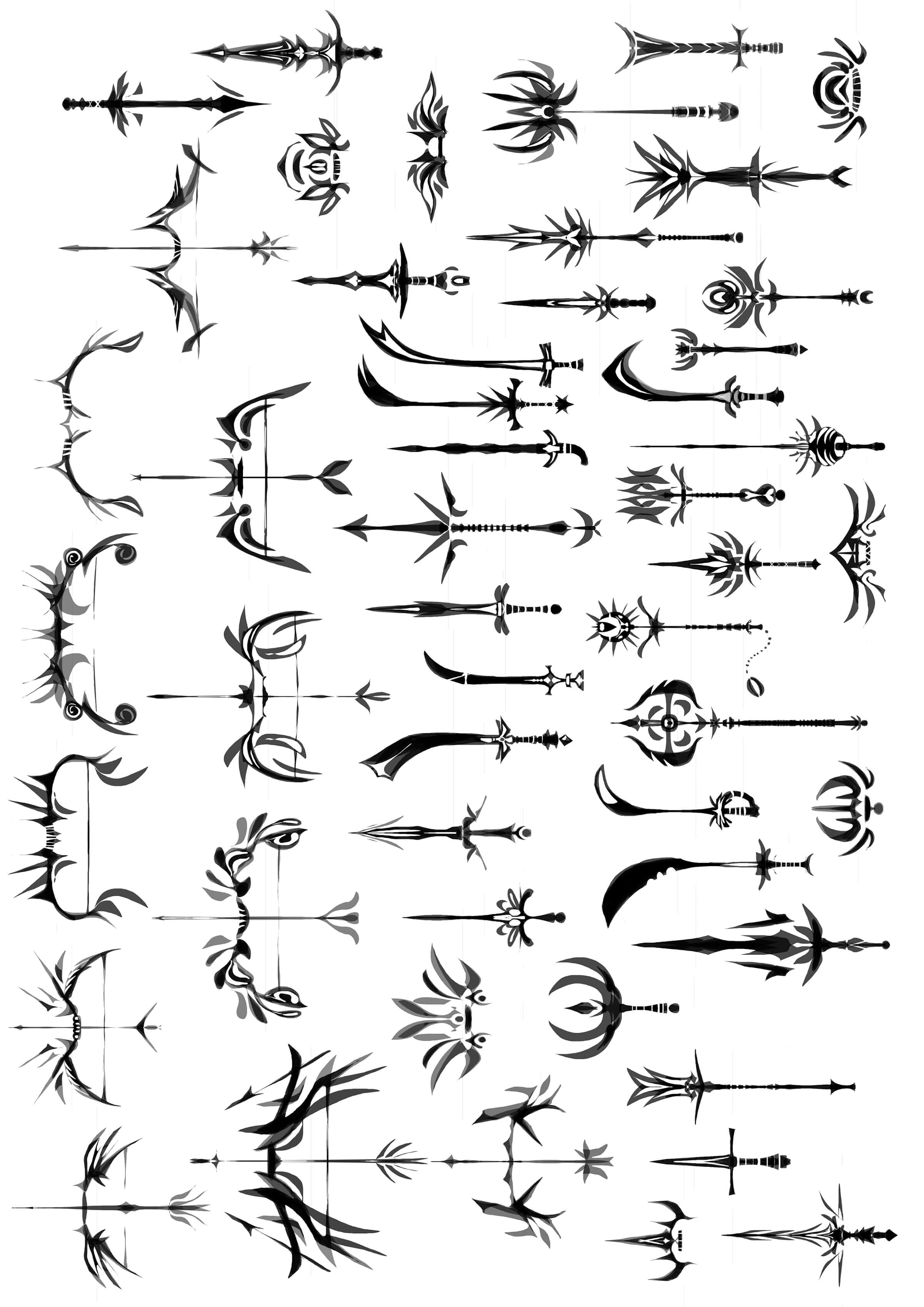 Black-and-white sketches of side-view silhouettes of various ornate swords, bows, and pikes.