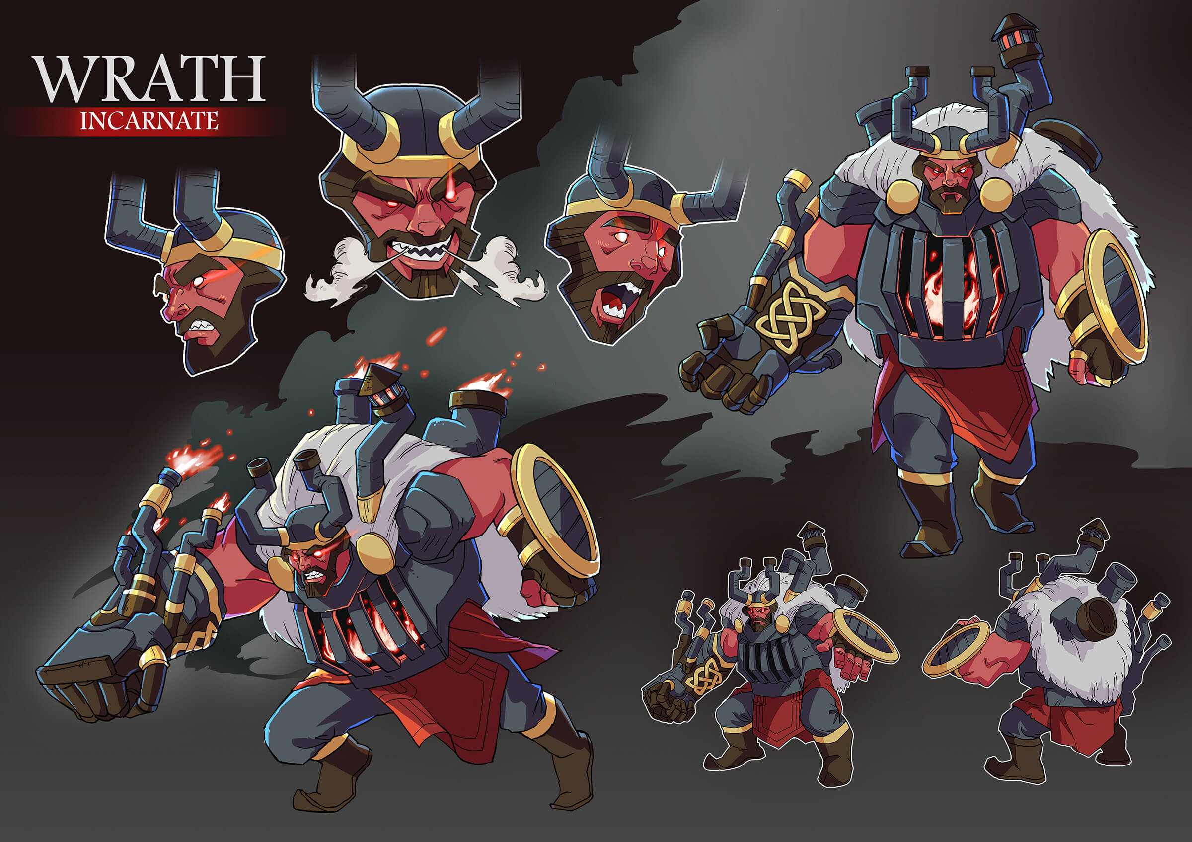 Concept paintings of a red demon-like figure with a fire seen inside of his chest, armored in pieces of an iron stove.