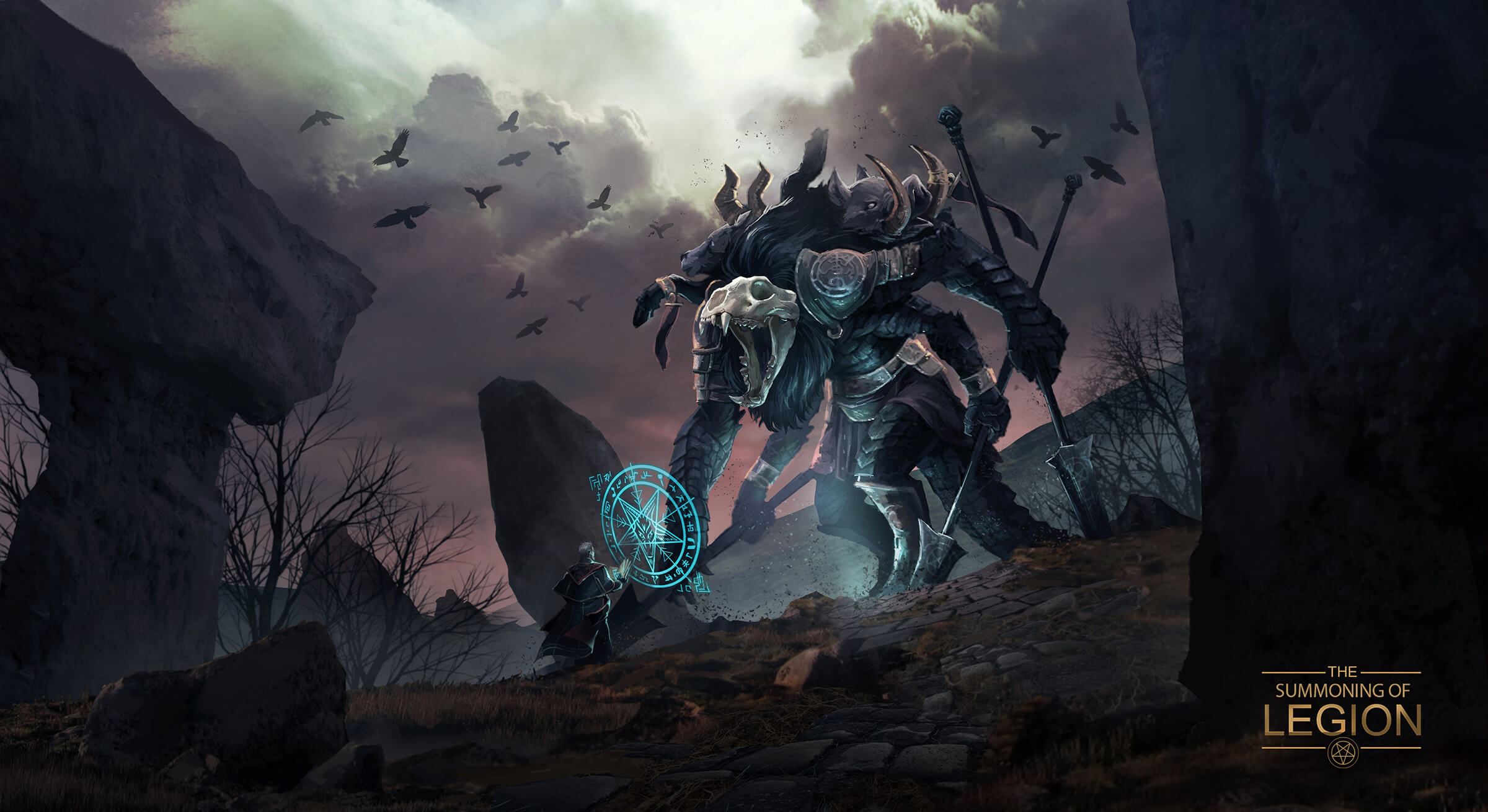 In a dark, desolate area, a man casts a glowing blue rune in front of a tall, roaring beast carrying large spears.