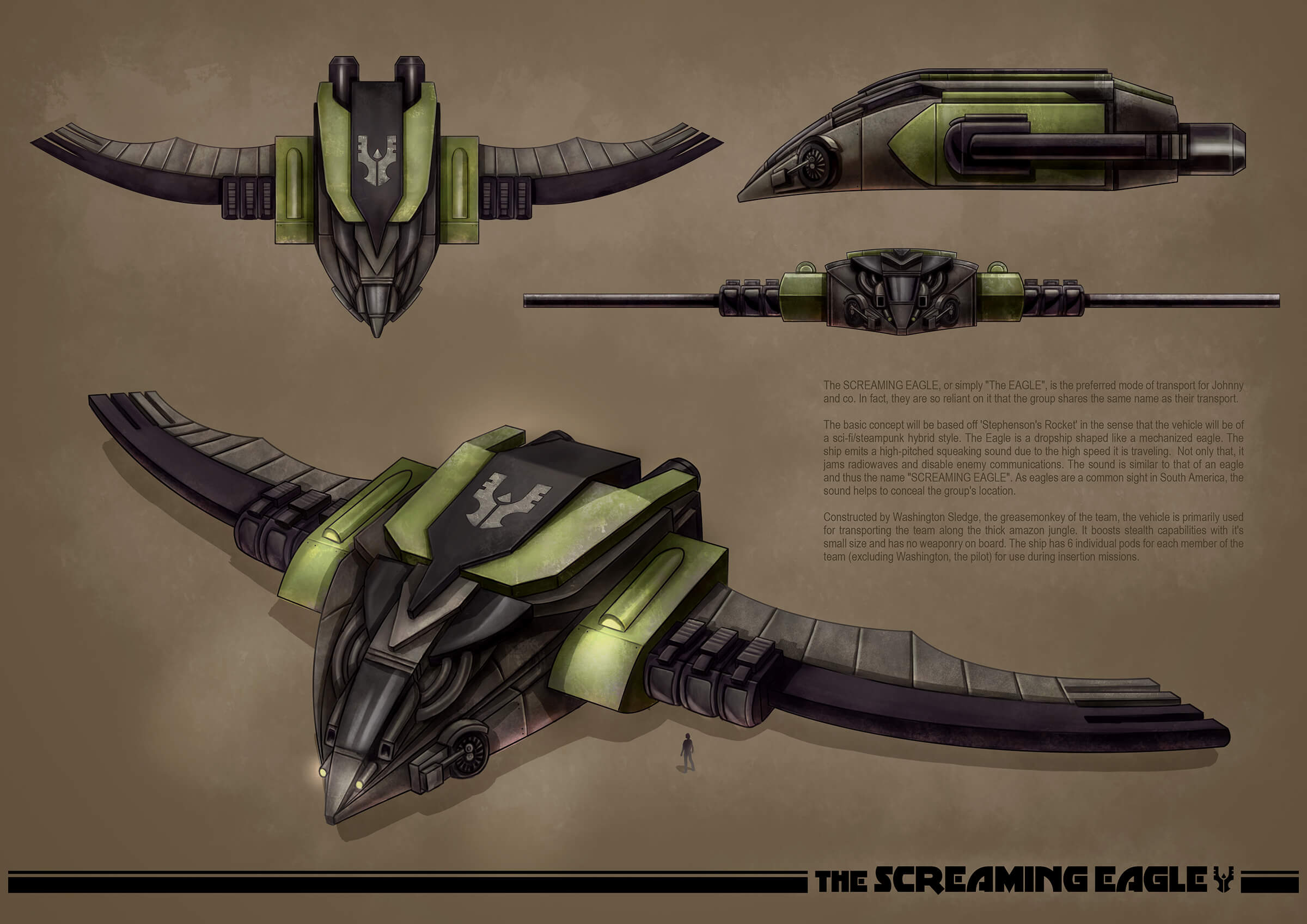 Concept art of a black and green flying vehicle with ornamentation resembling an eagle as seen from different angles.