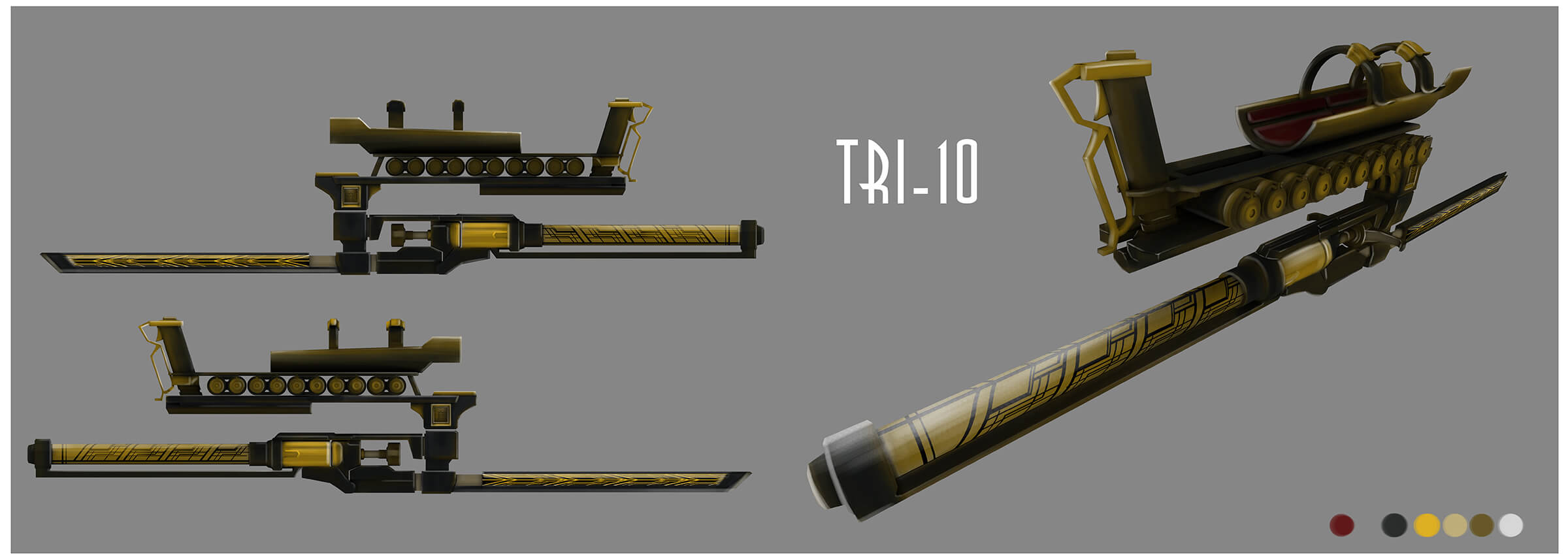 Concept art of a mechanical, arm-held weapon with a black, gold-and-black adorned shaft, and concealed gun barrel.
