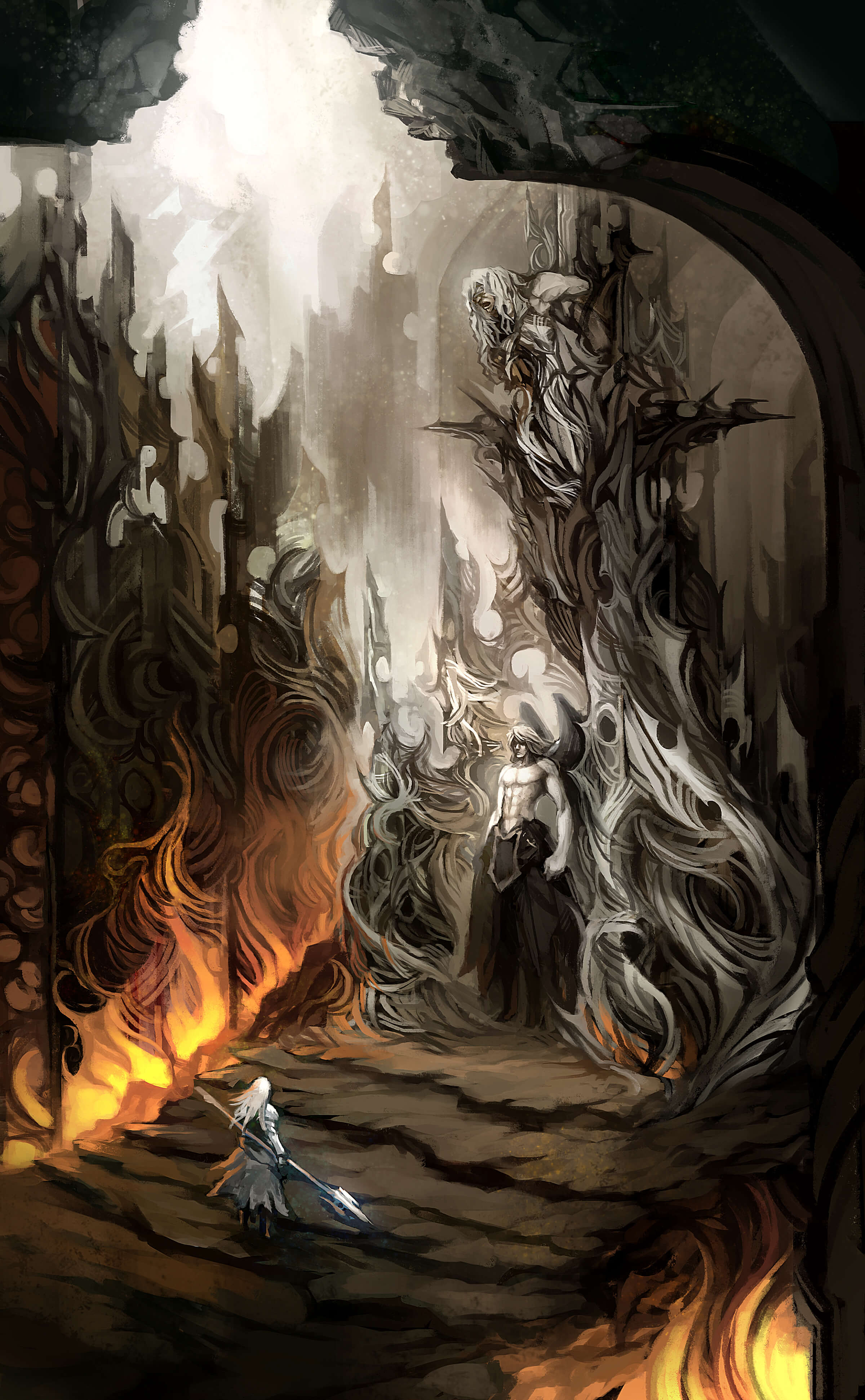 In a dark, flame-lit cavern, a white-haired figure approaches a taller figure standing atop an adorned stone pedestal.