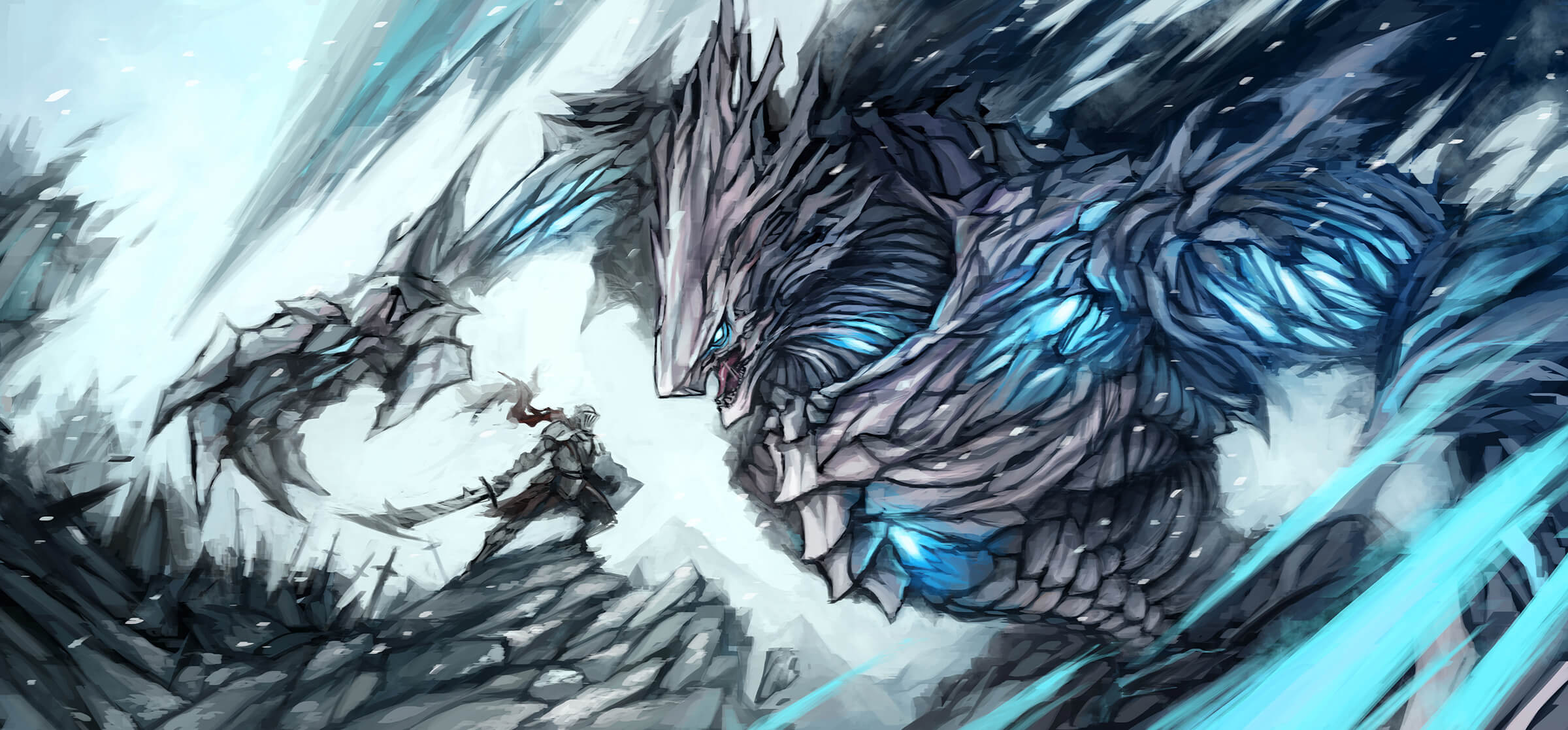 A knight with a sword and iron armor stands off against a gray, stone-faceted beast with glowing-blue points around its body.