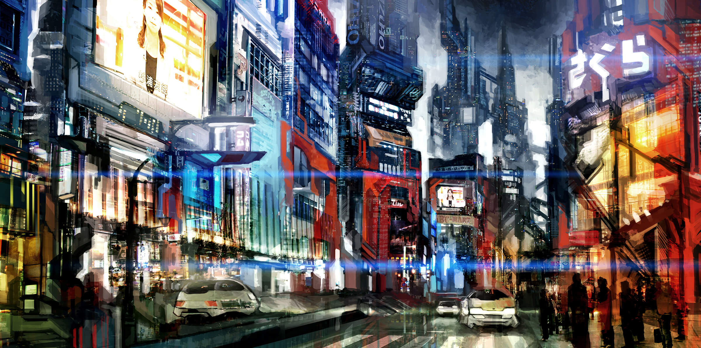 A cyberpunk-style city street at night, flanked by brightly lit skyscrapers adorned with projected images and video.