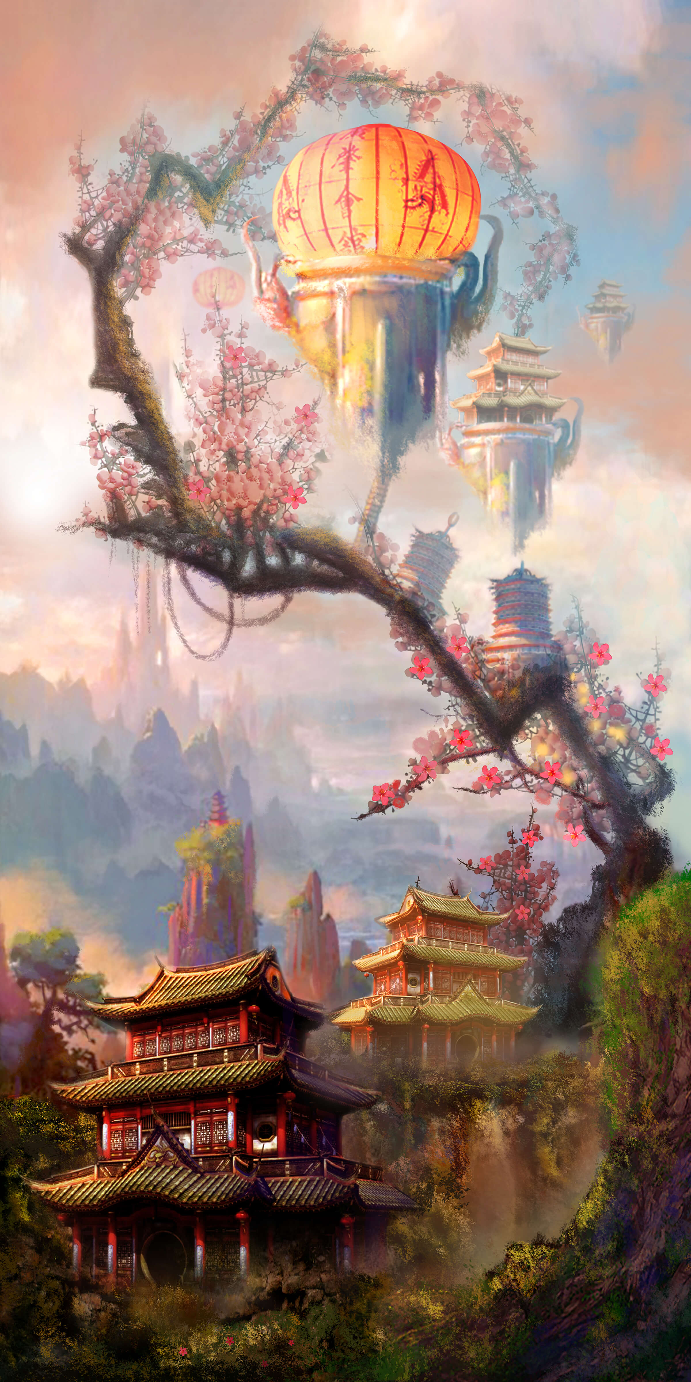 A large, orange paper lantern hovers above a valley of pagoda-style structures, some of which are perched on a blooming tree.