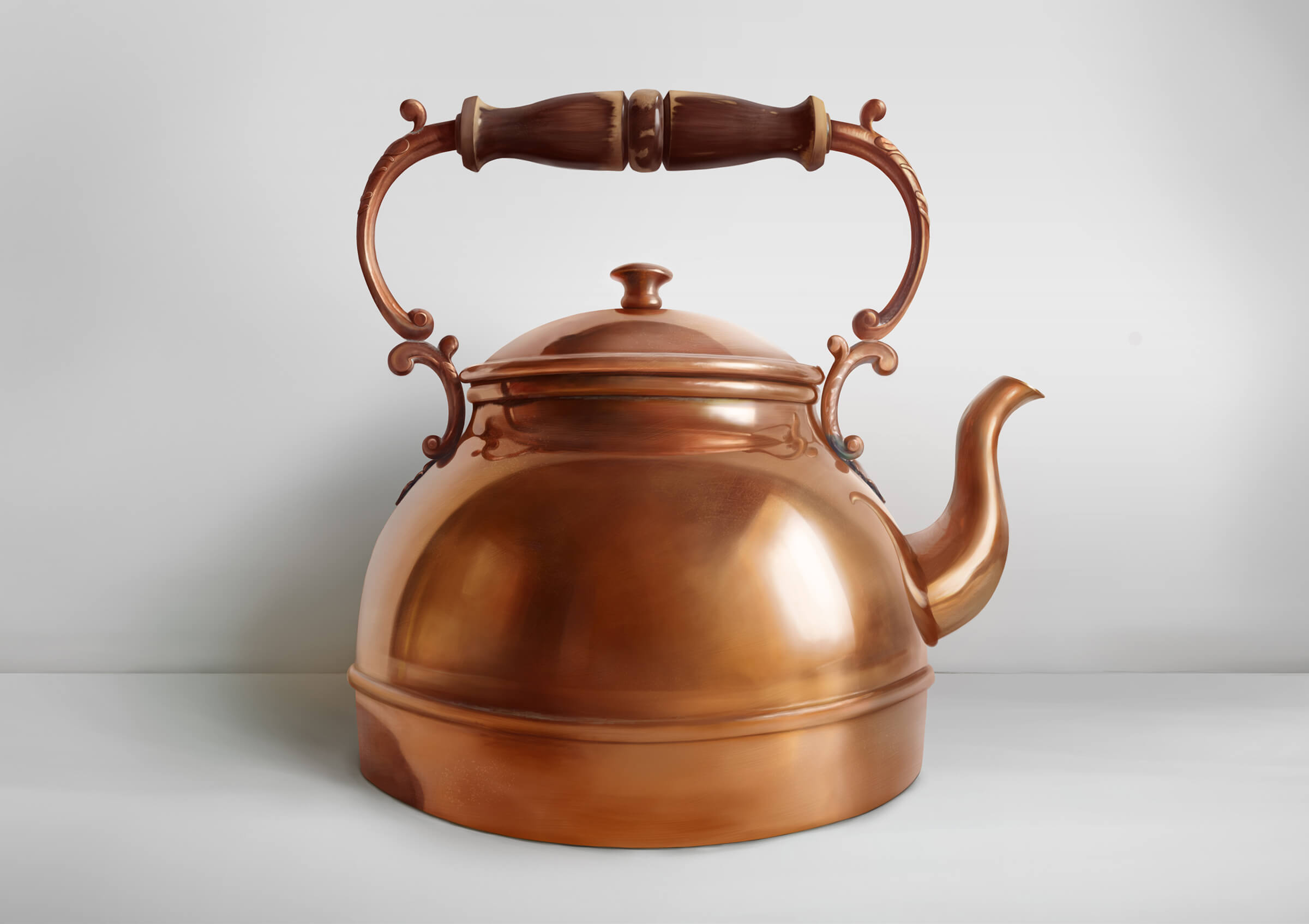 Still life painting of a copper kettle against a white background with an ornate wooden handle above.