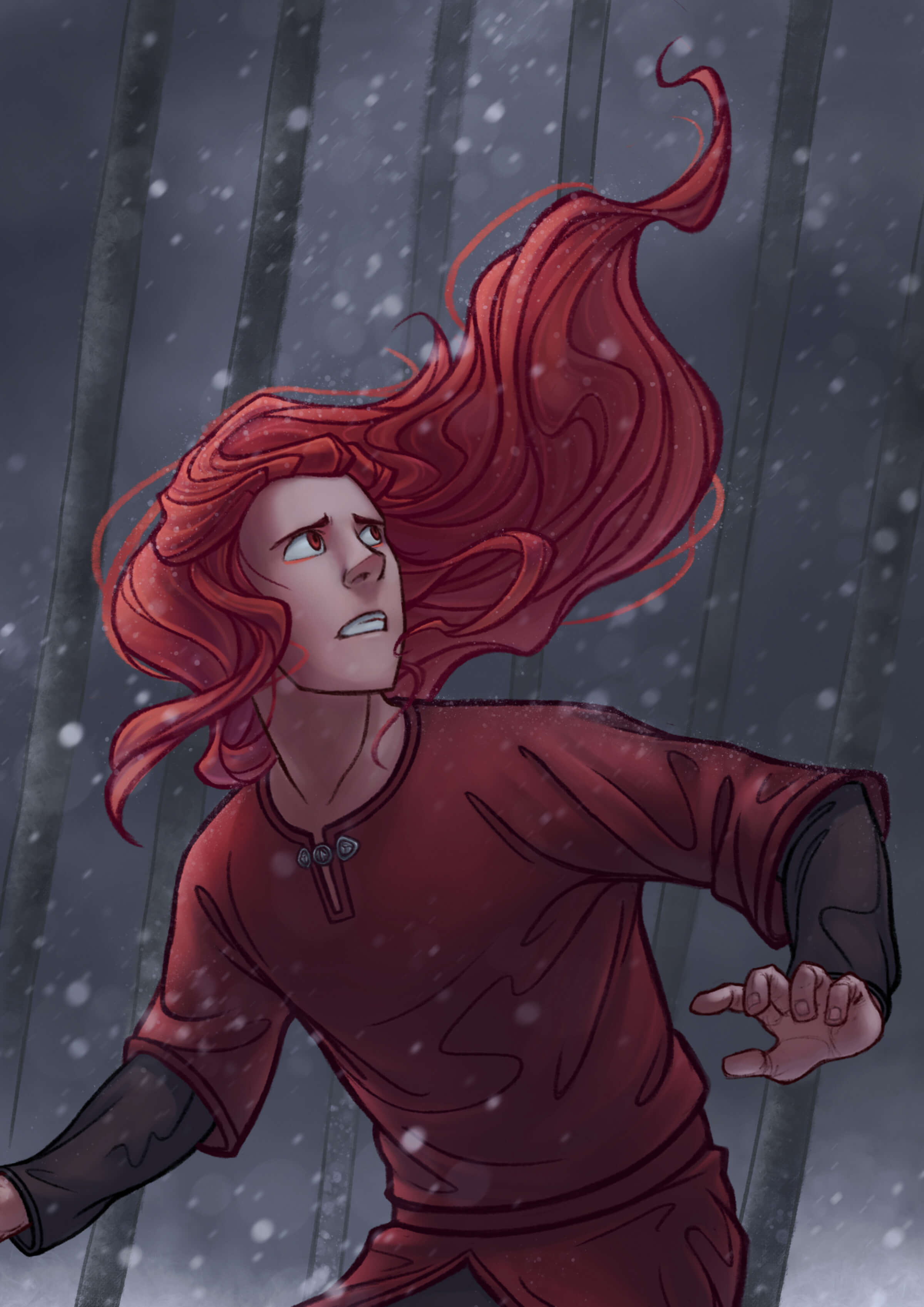 A man with long red hair in a red tunic looks worriedly over his shoulder in a snowy environment.