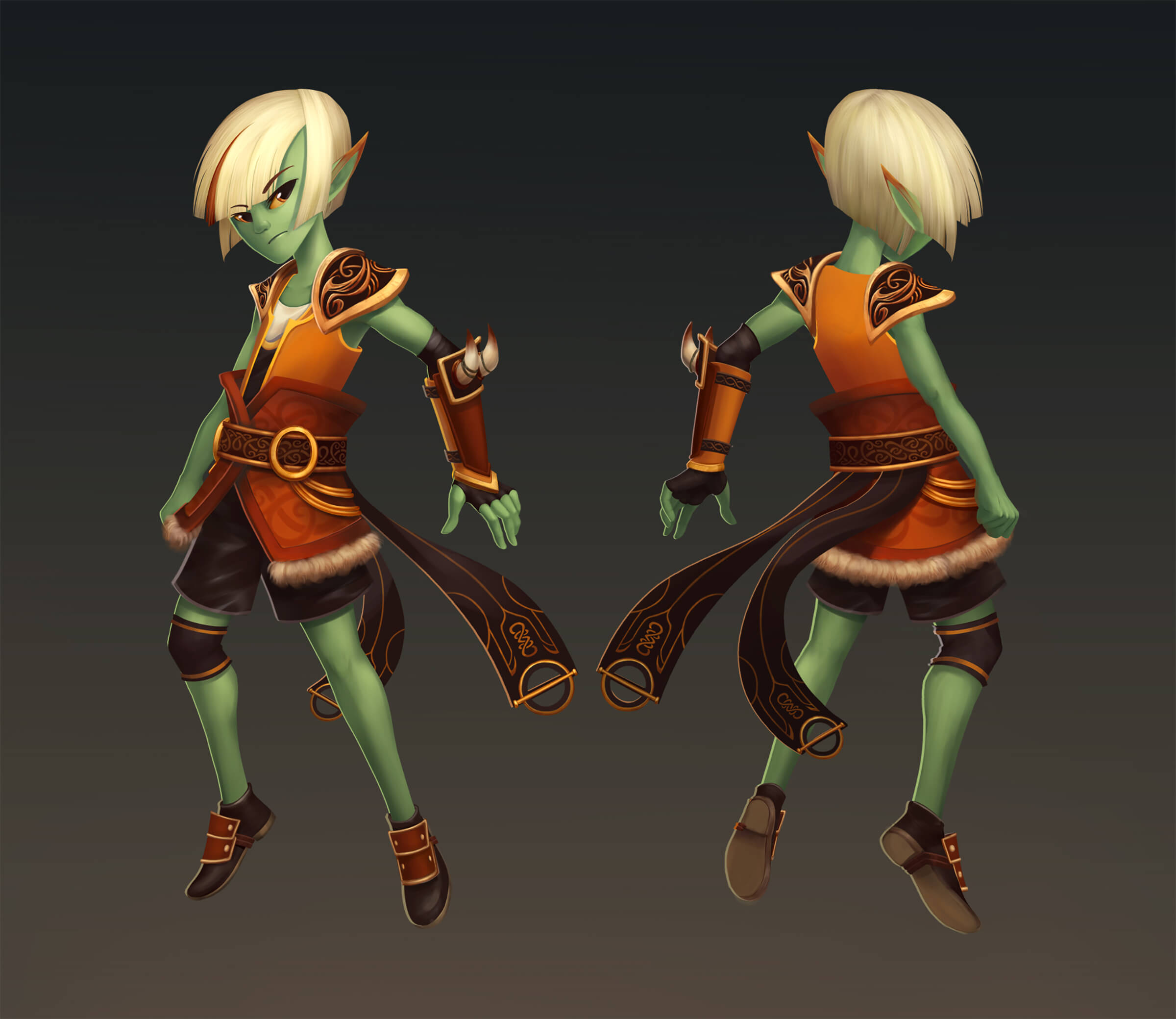 A turnaround sketch of a green elf-like character with blond hair in ornate, light-leather armor.