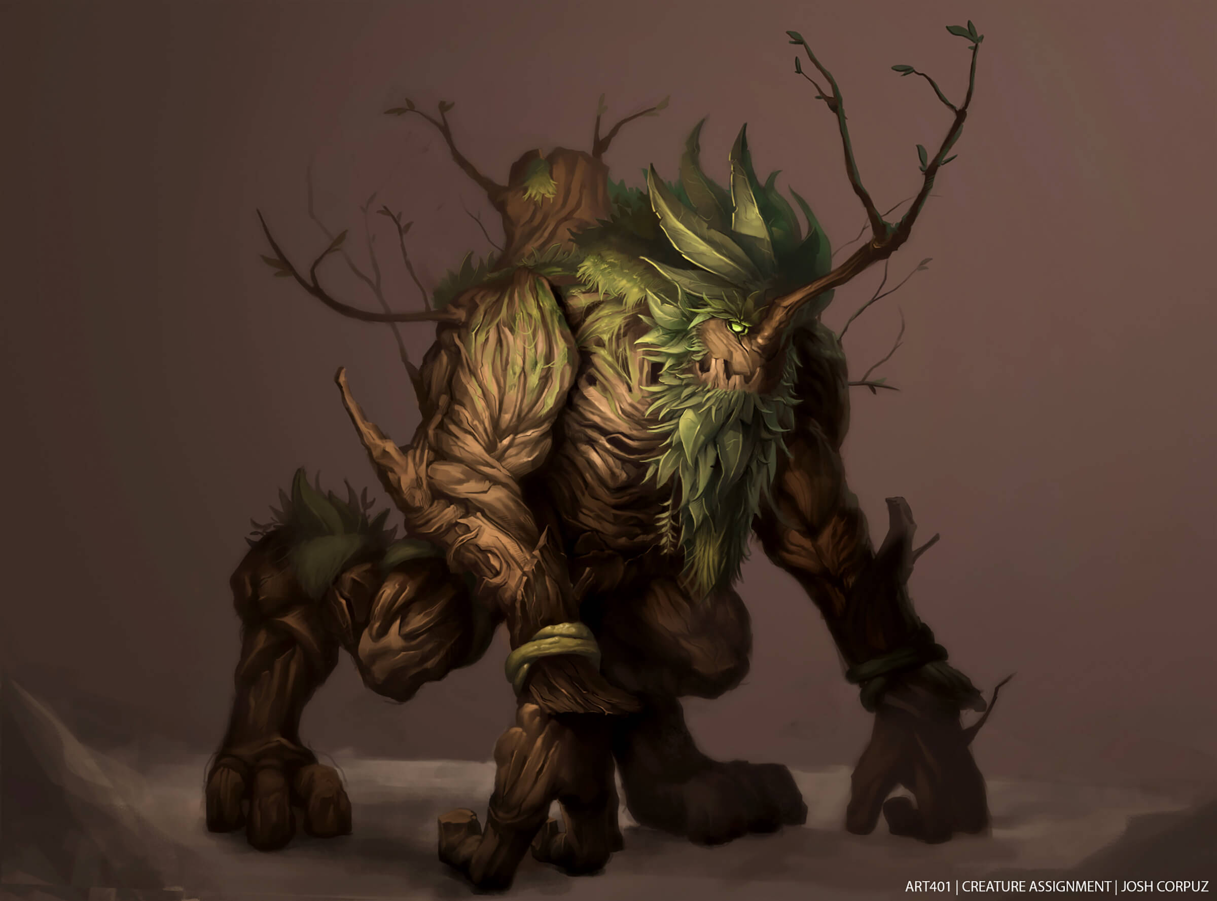 A quadrupedal beast made of wood, with a mane of leaves and grass, and a branch jutting out of its face like a horn.