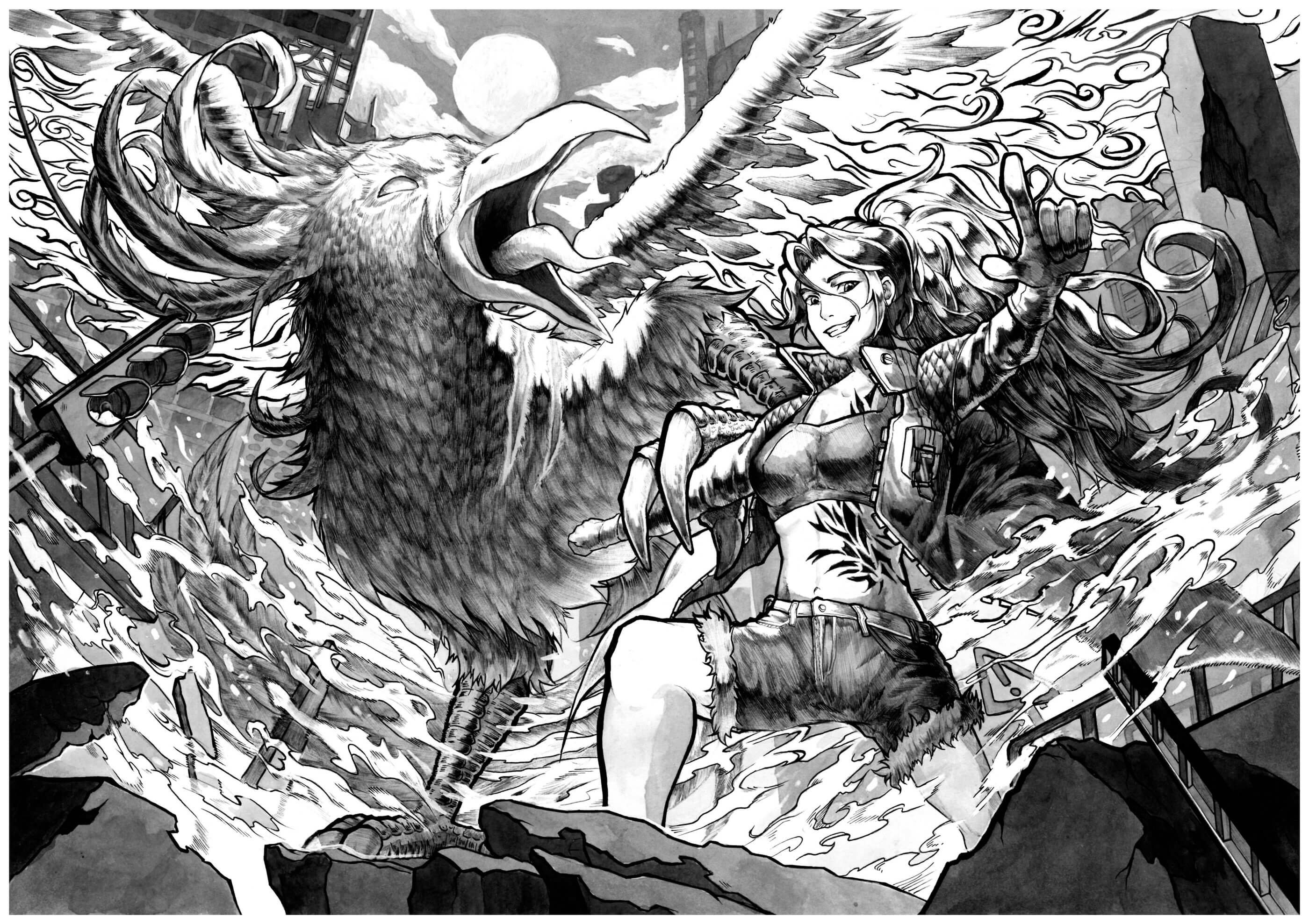 Black-and-White sketch of a woman posing with a griffon-like animal.