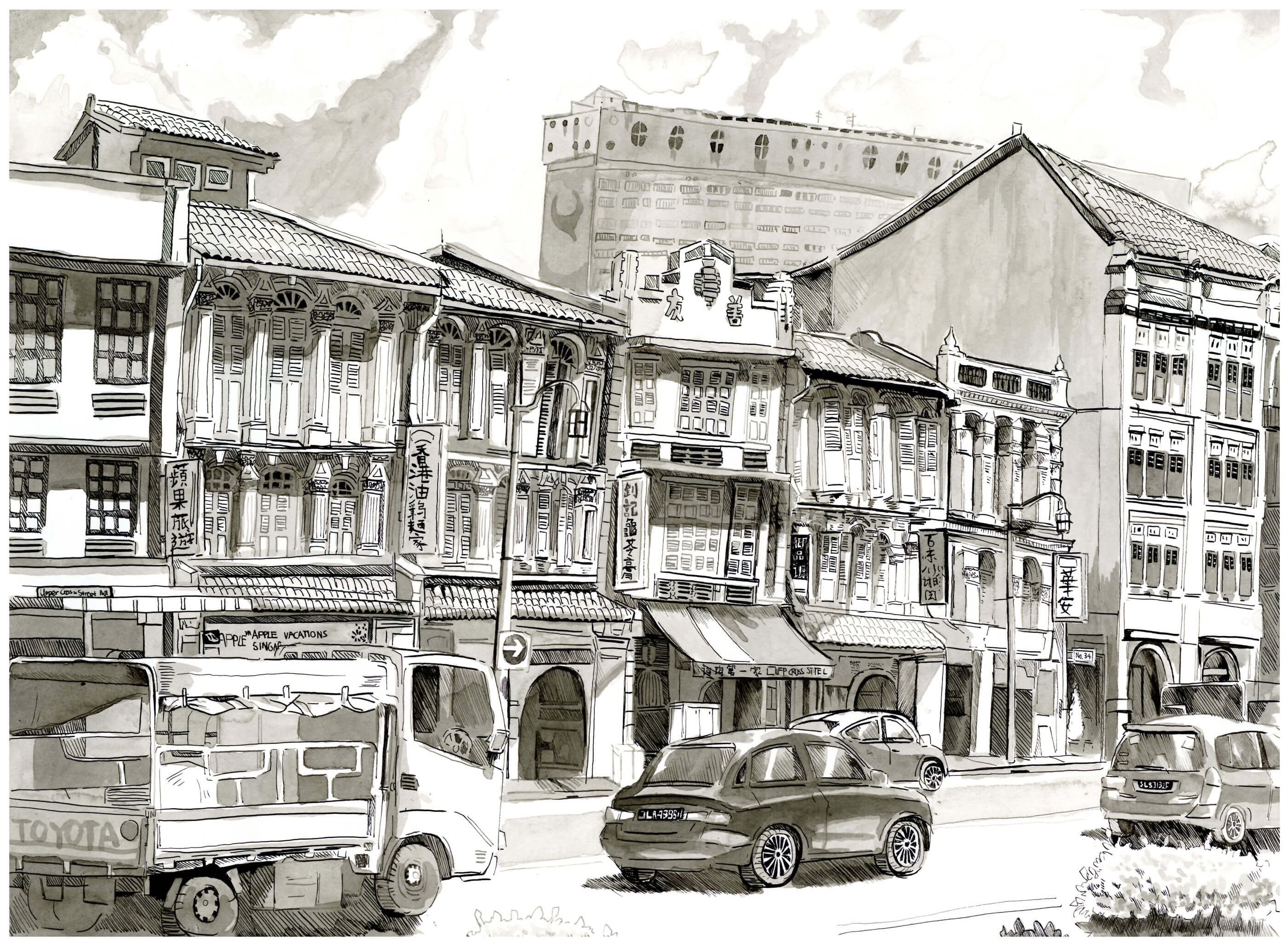 Black-and-White sketch of low-rise buildings in an urban area.