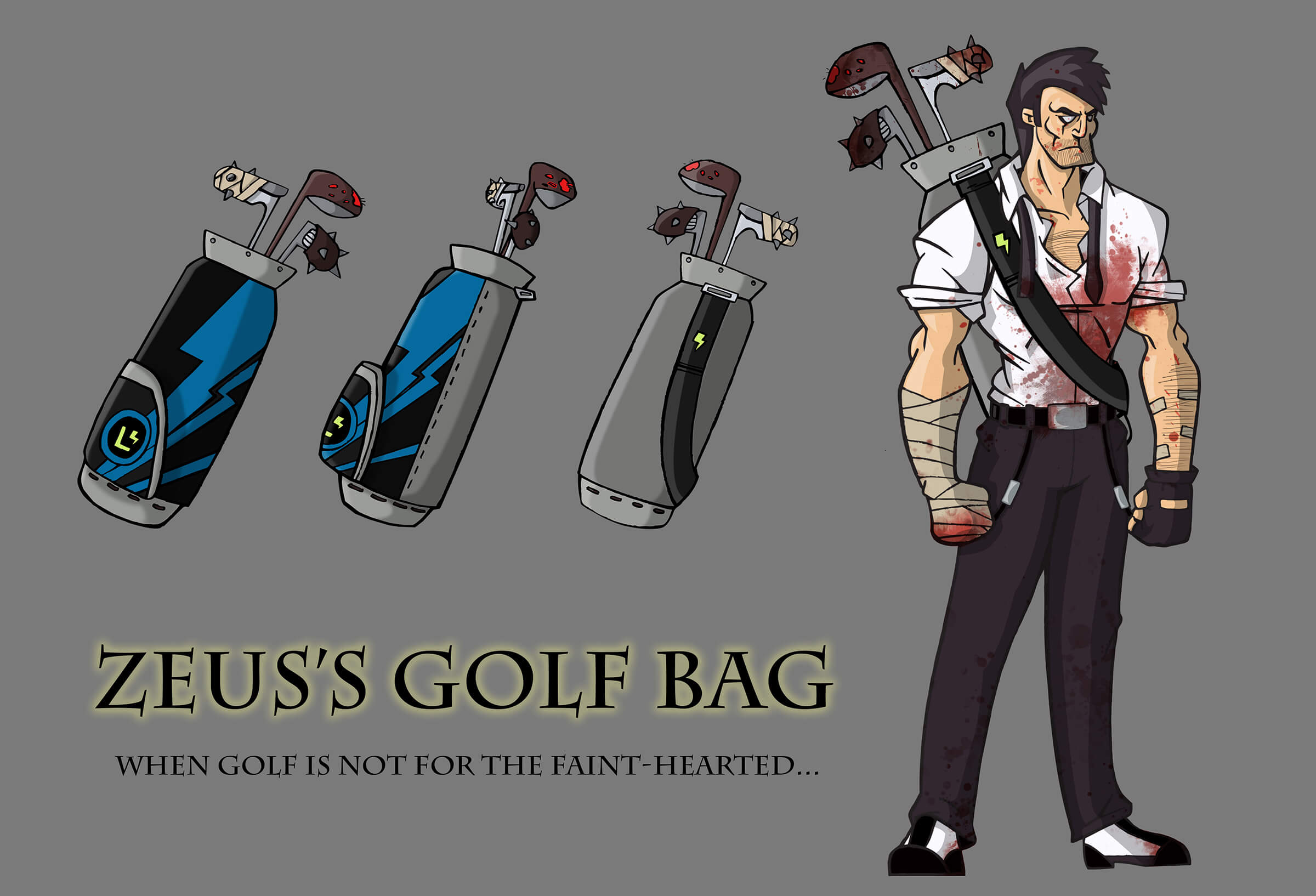 Cartoon sketches of a golf bag of threatening golf clubs, slung over the shoulder of a tall, blood-splattered man.