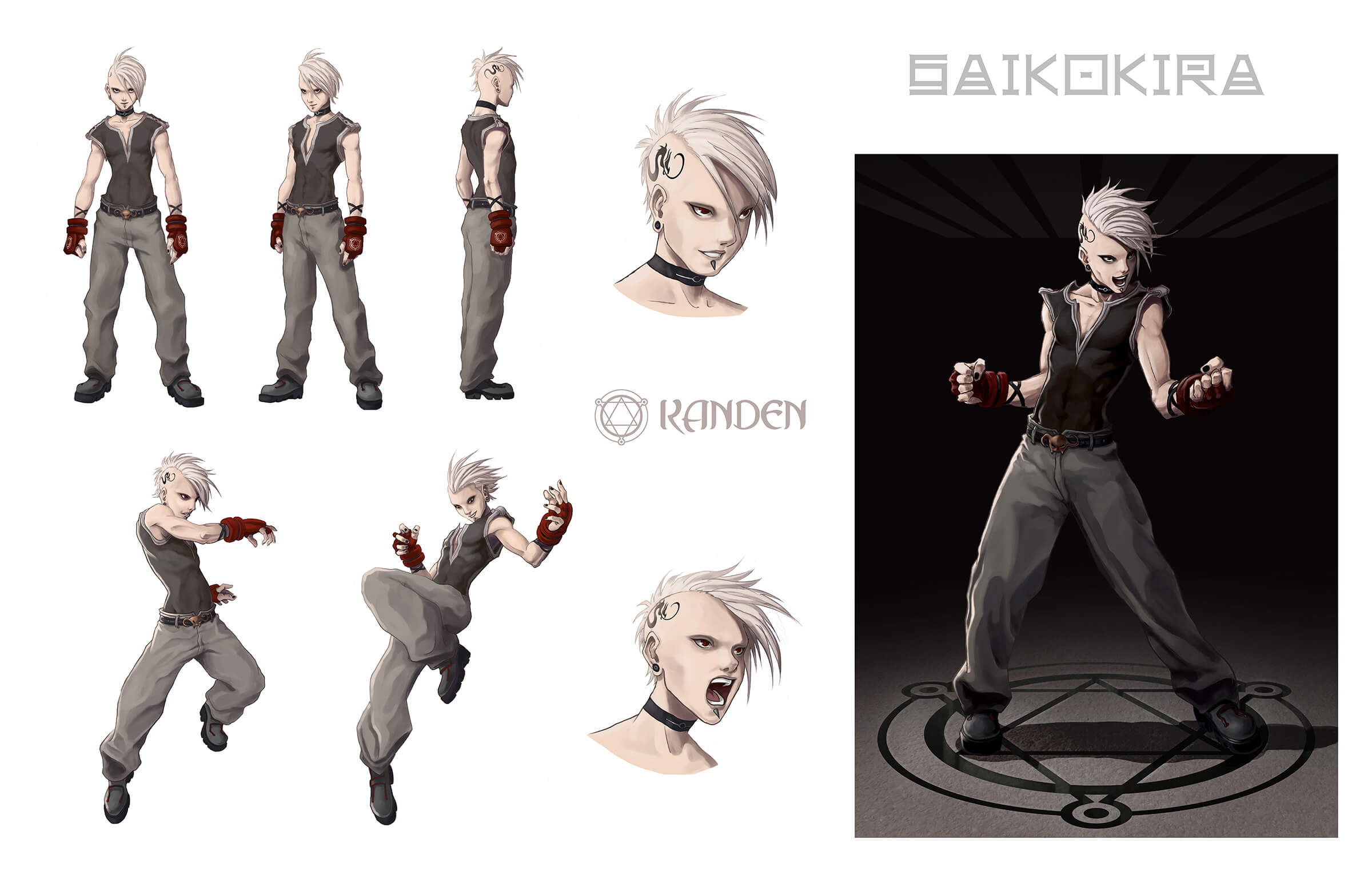 Turnaround sketches of a white-haired woman with a black dragon tattooed on a shaved side of her head.