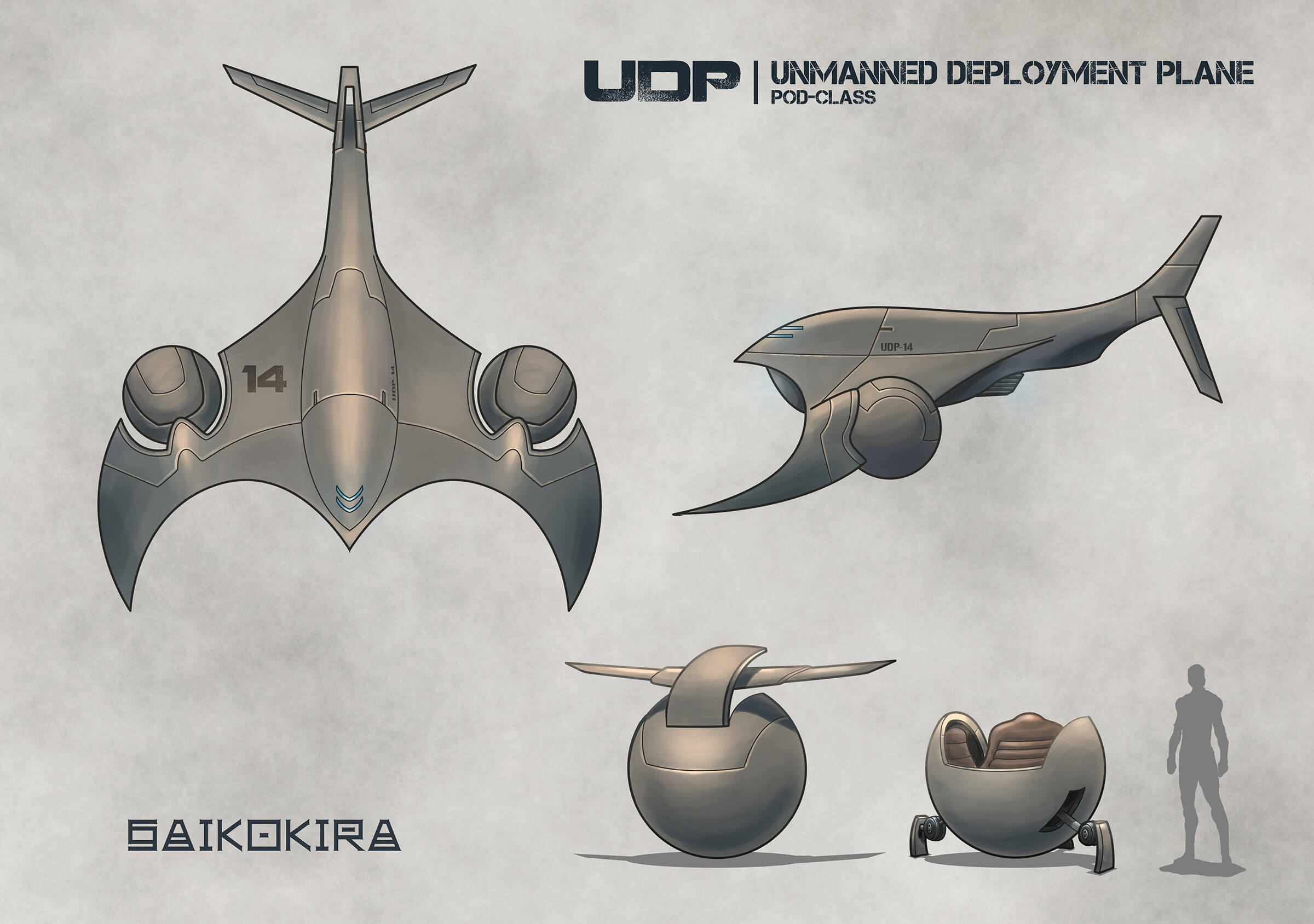 Sketch of a futuristic gray-metal flying vehicle, including spherical pods meant to detach holding a single occupant.