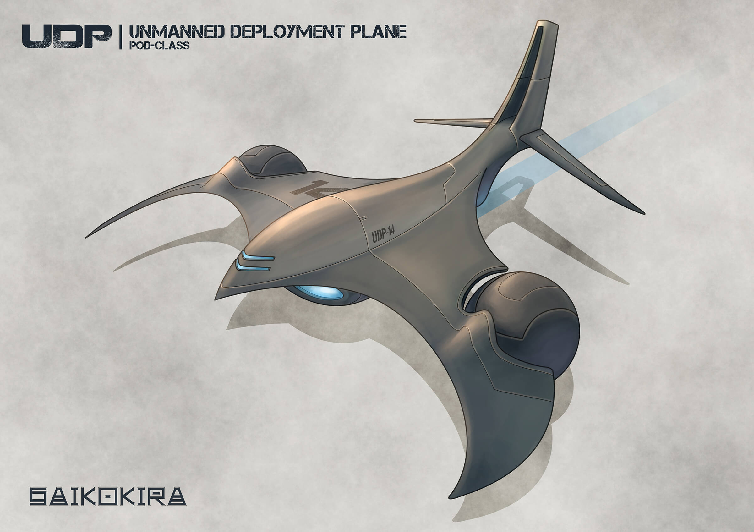 Sketch of a futuristic gray-metal, jet-powered flying vehicle, including spherical pods attached to its swept wings.