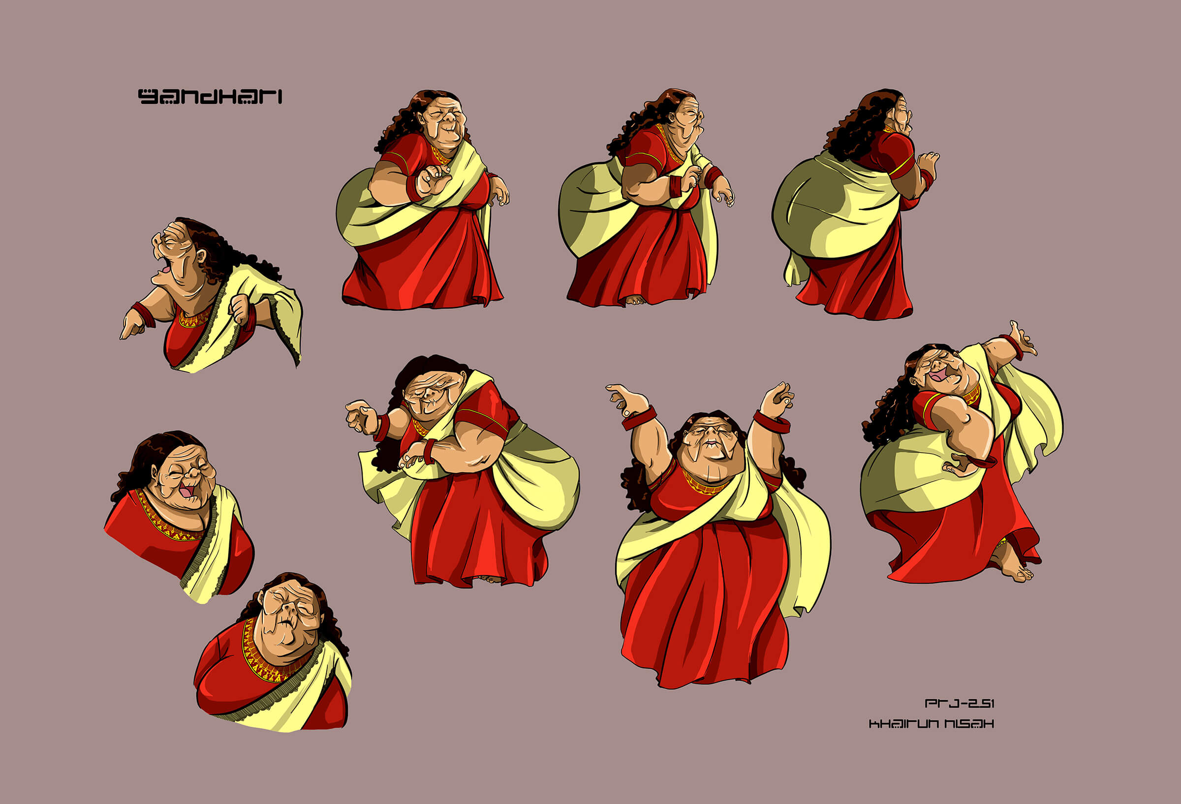 Character sketches of an old, wrinkled woman in a yellow and red sari-type dress as she dances and delivers various reactions.