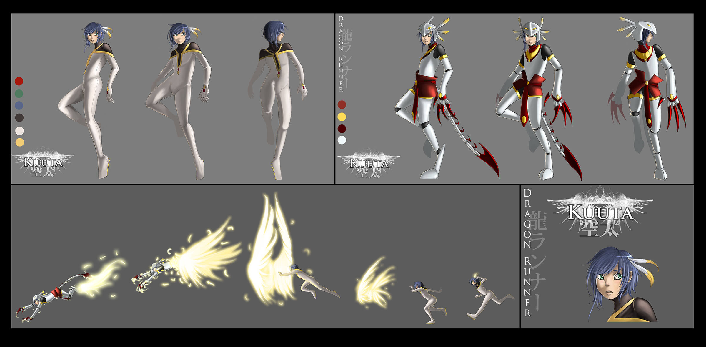 Character and movement sketches of a woman in a white-black-and-red skinsuit as she transforms into a cat-like hero.