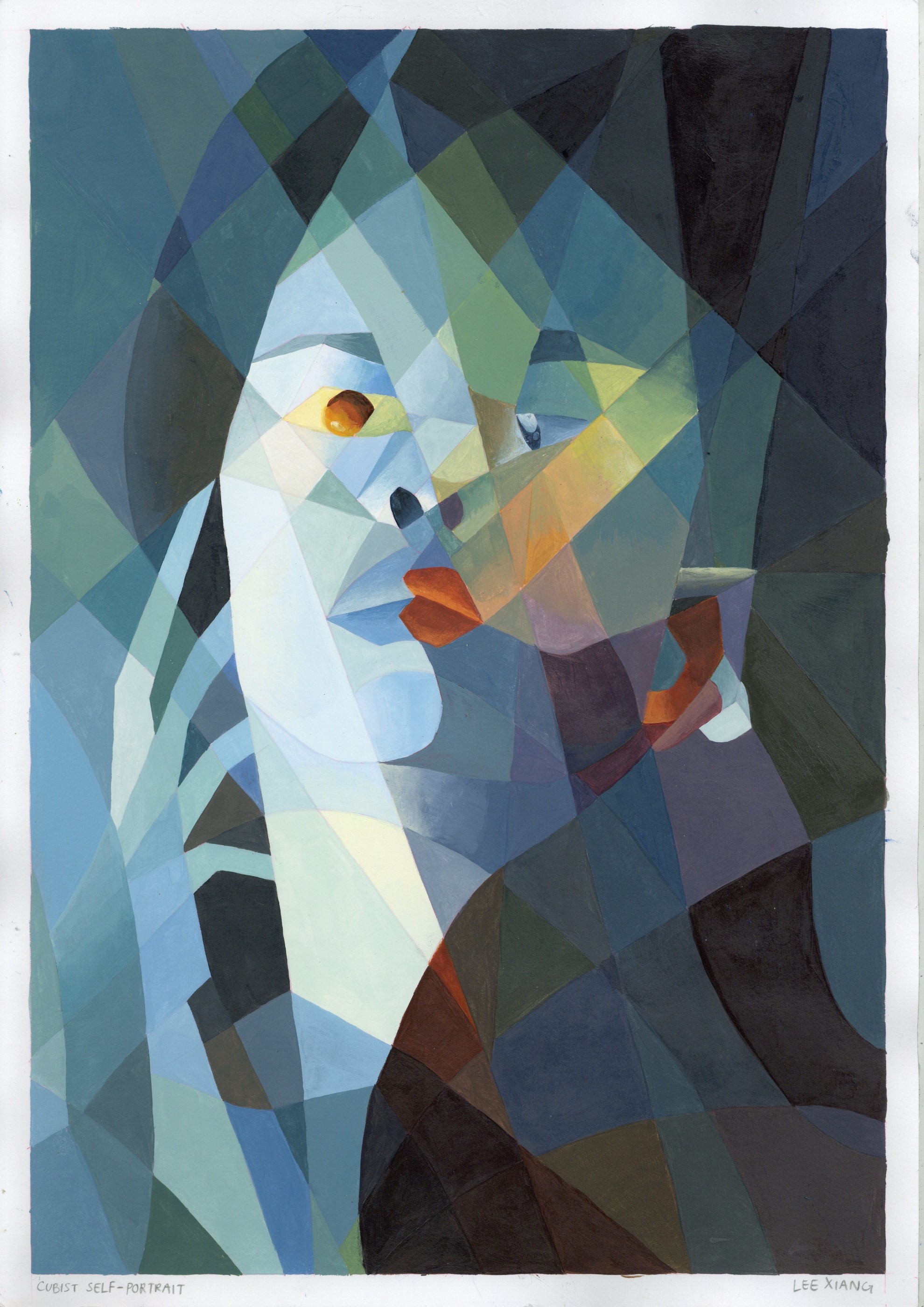 Cubist style traditional painting of an artist self-portrait