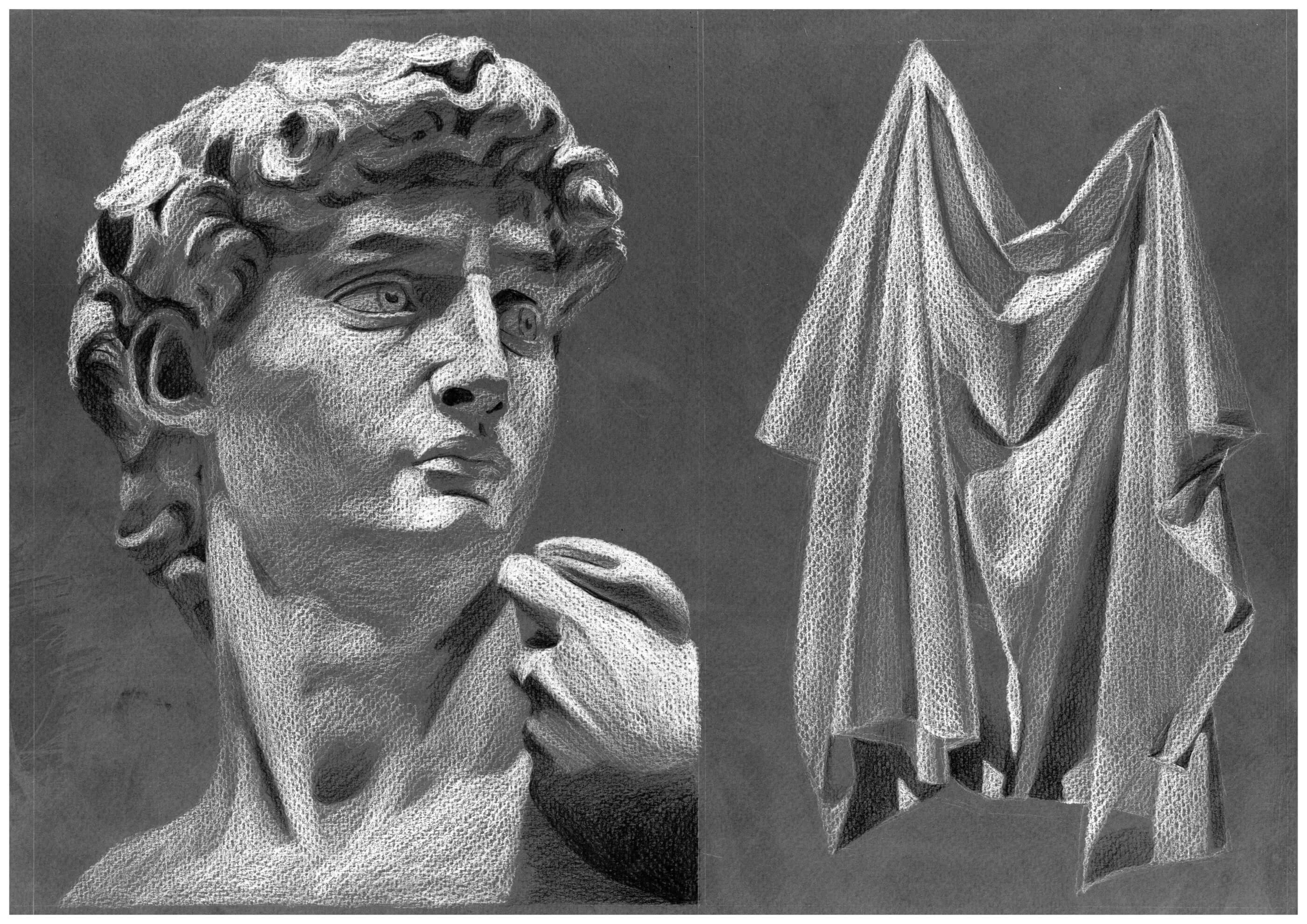 2D drawing of Michaelangelo’s David and a piece of cloth