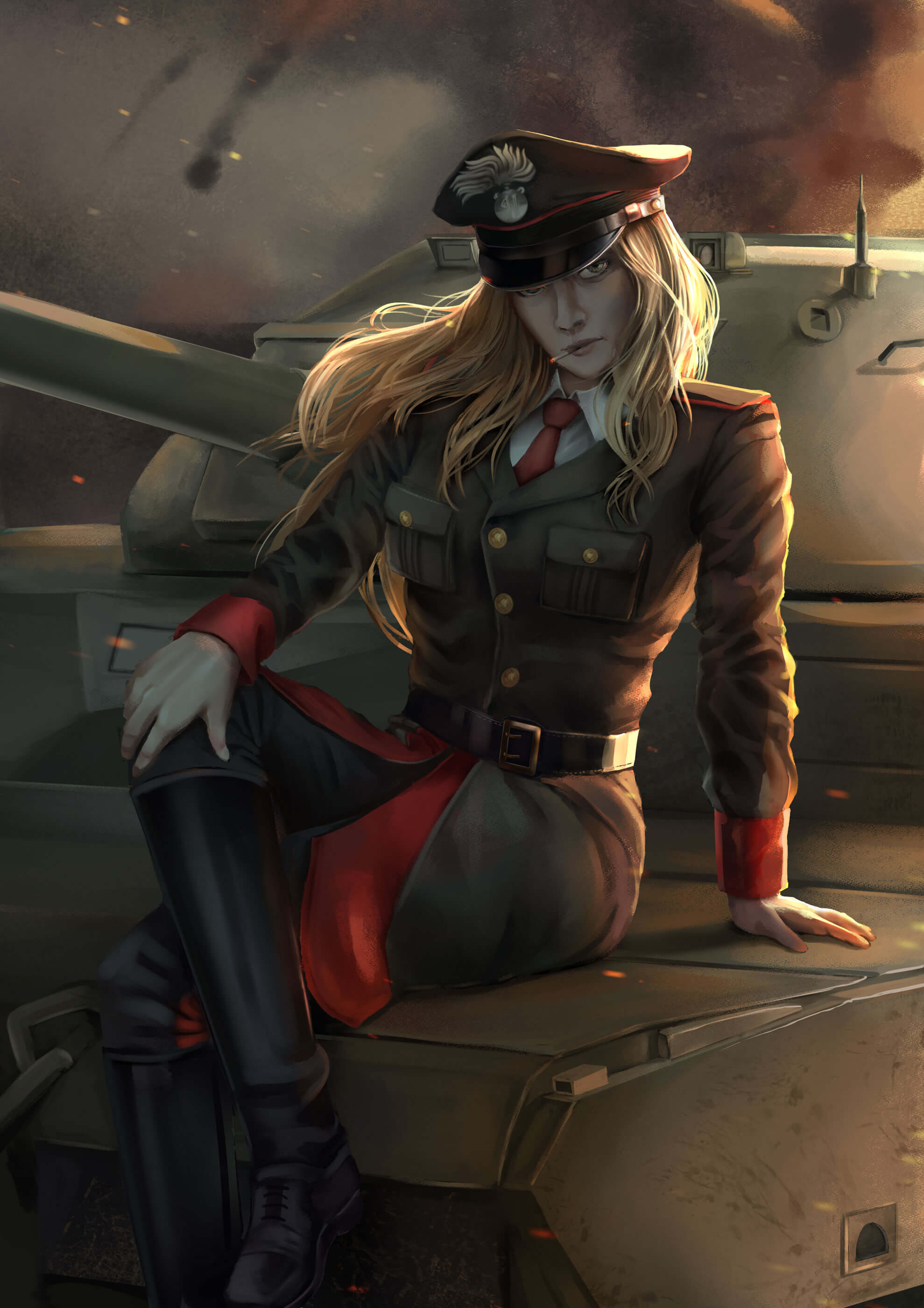 A serious woman wears a black and red military uniform while sitting on a tank