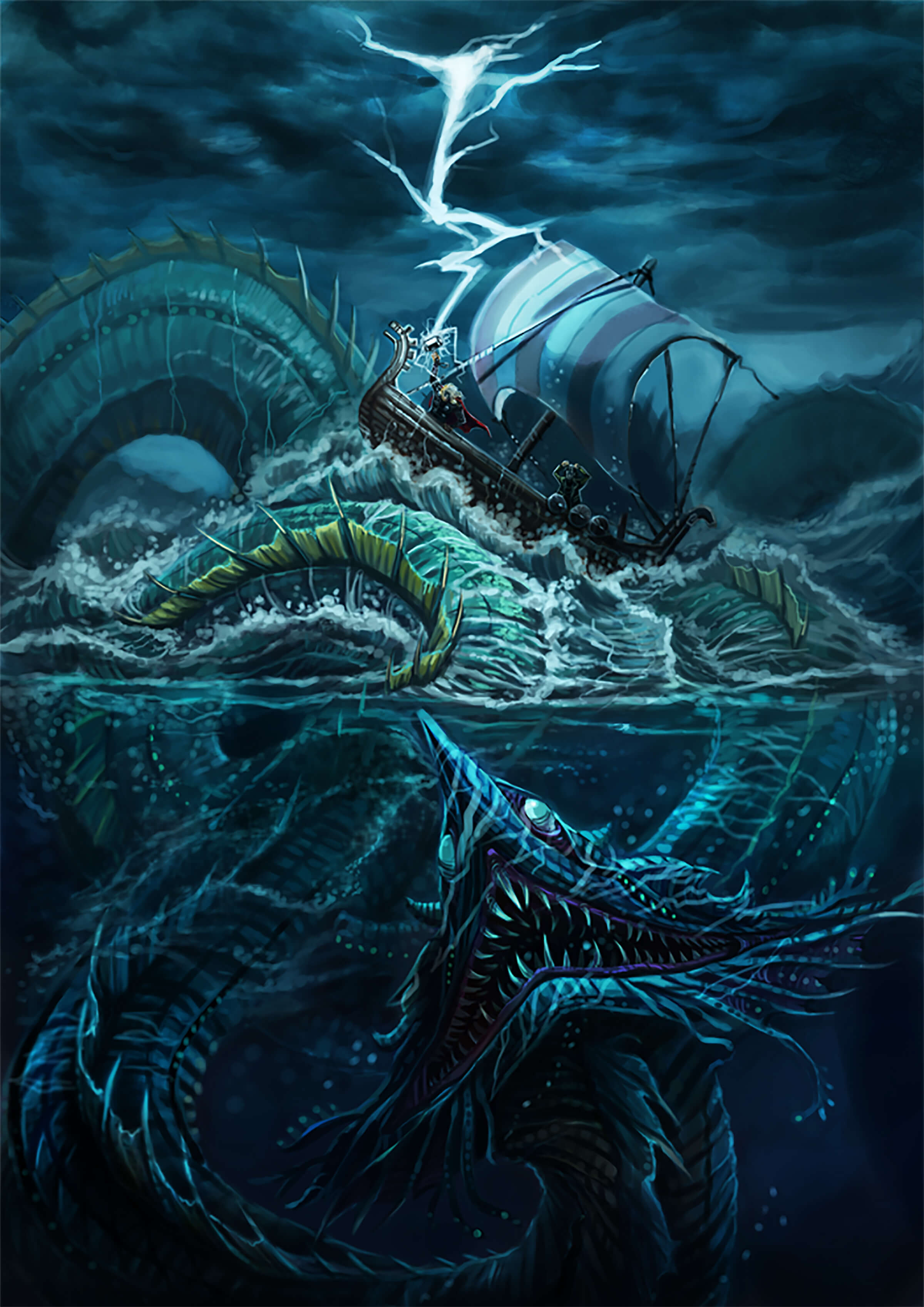 A occupant aboard a viking-style ship is struck by lightning as he is raised above the waves by a massive sea monster below.