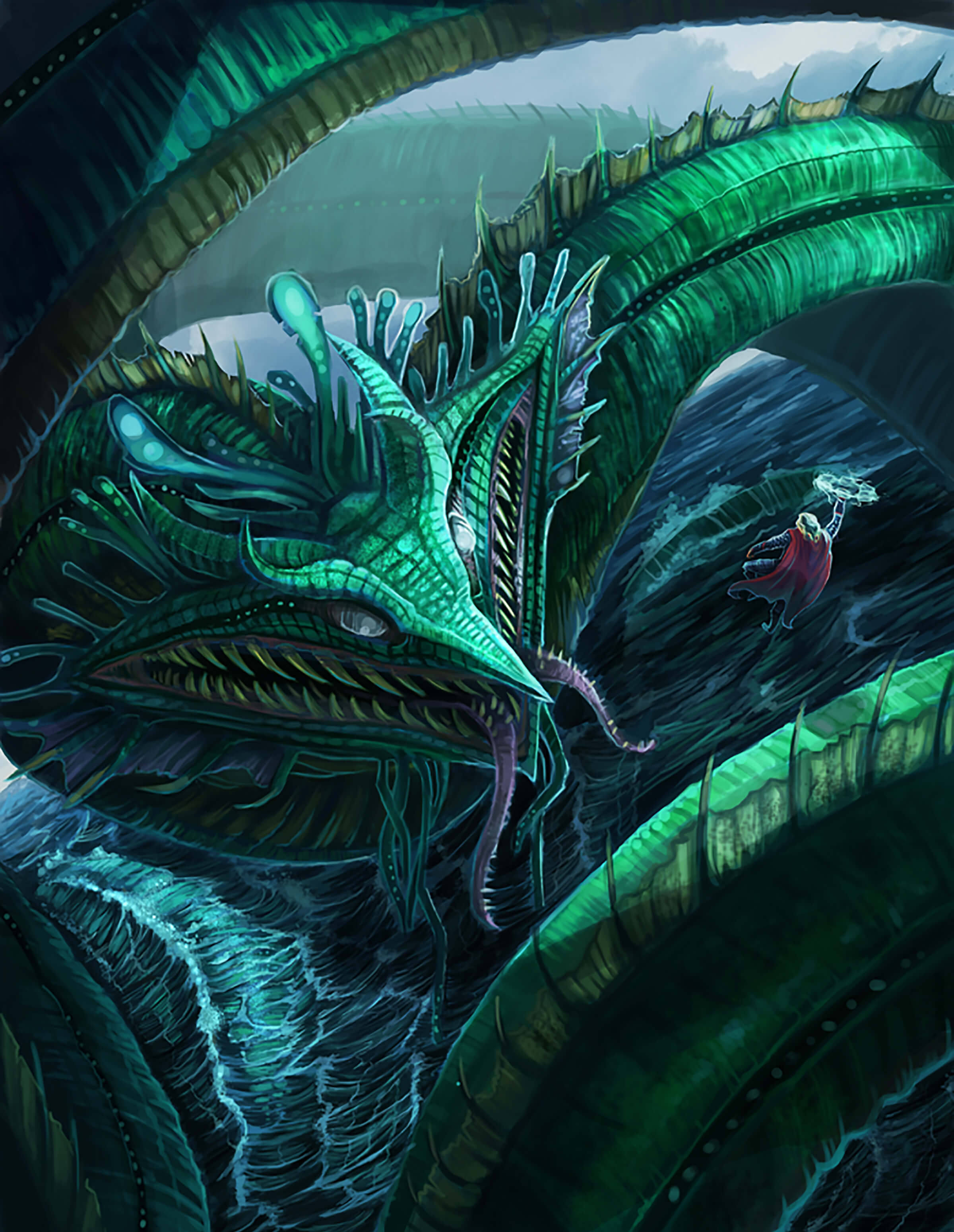 A man in a red cape hovers in the air brandishing a glowing hammer at a green sea-serpent monster rising from the waves.