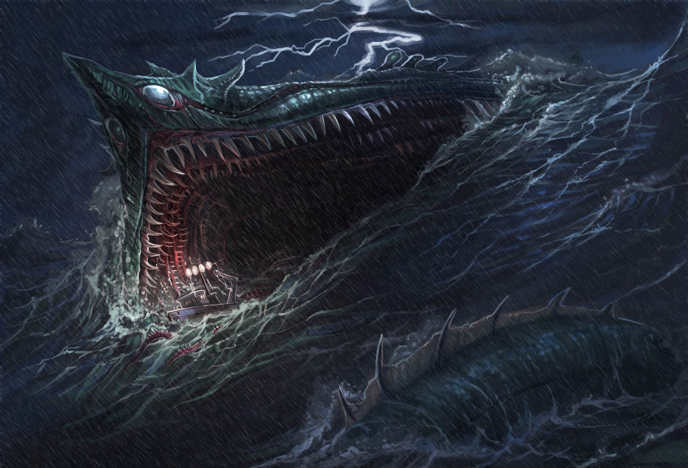 The teeth-filled maw of a massive sea serpent opens over tumultuous seas as a fishing boat is sucked down its dark recesses.