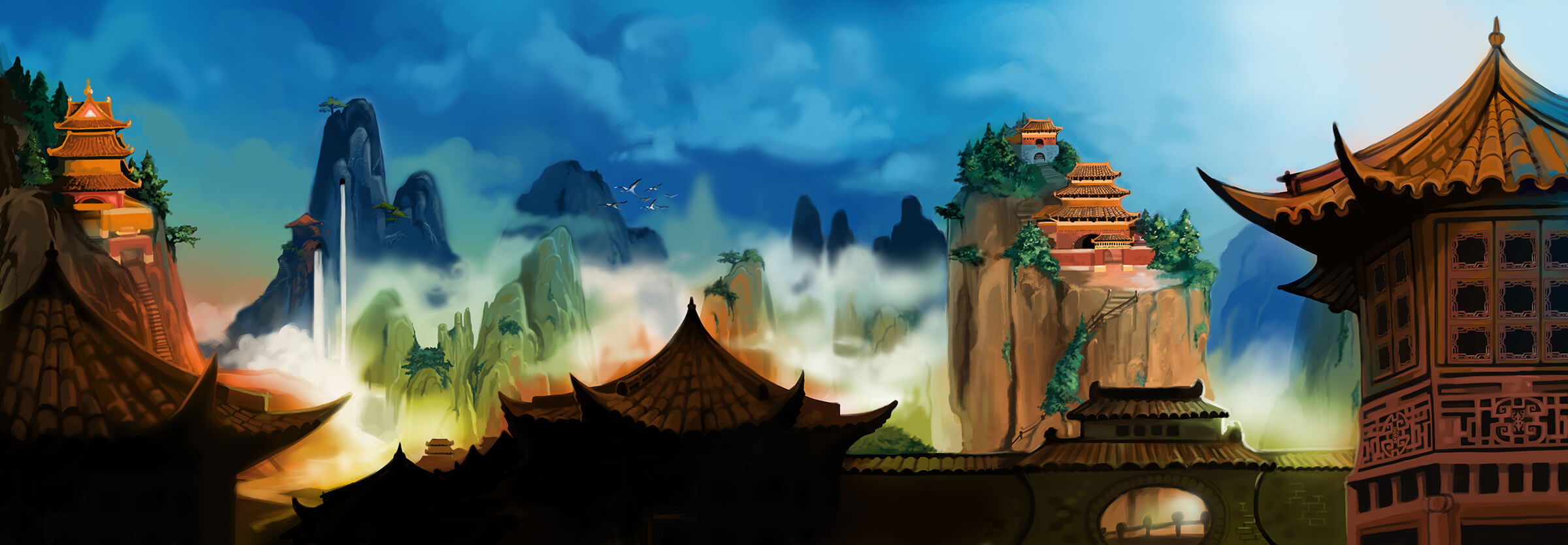 Panoramic landscape of a mountainous region above the clouds. Pagoda-like structures dot various peaks.