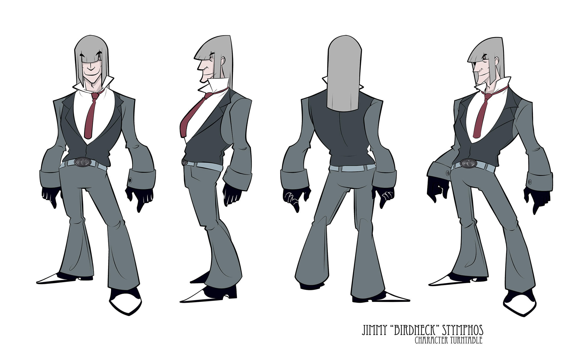 Turnaround sketches of a man with shoulder-length gray hair in a charcoal suit, standing with his torso jutting forward.