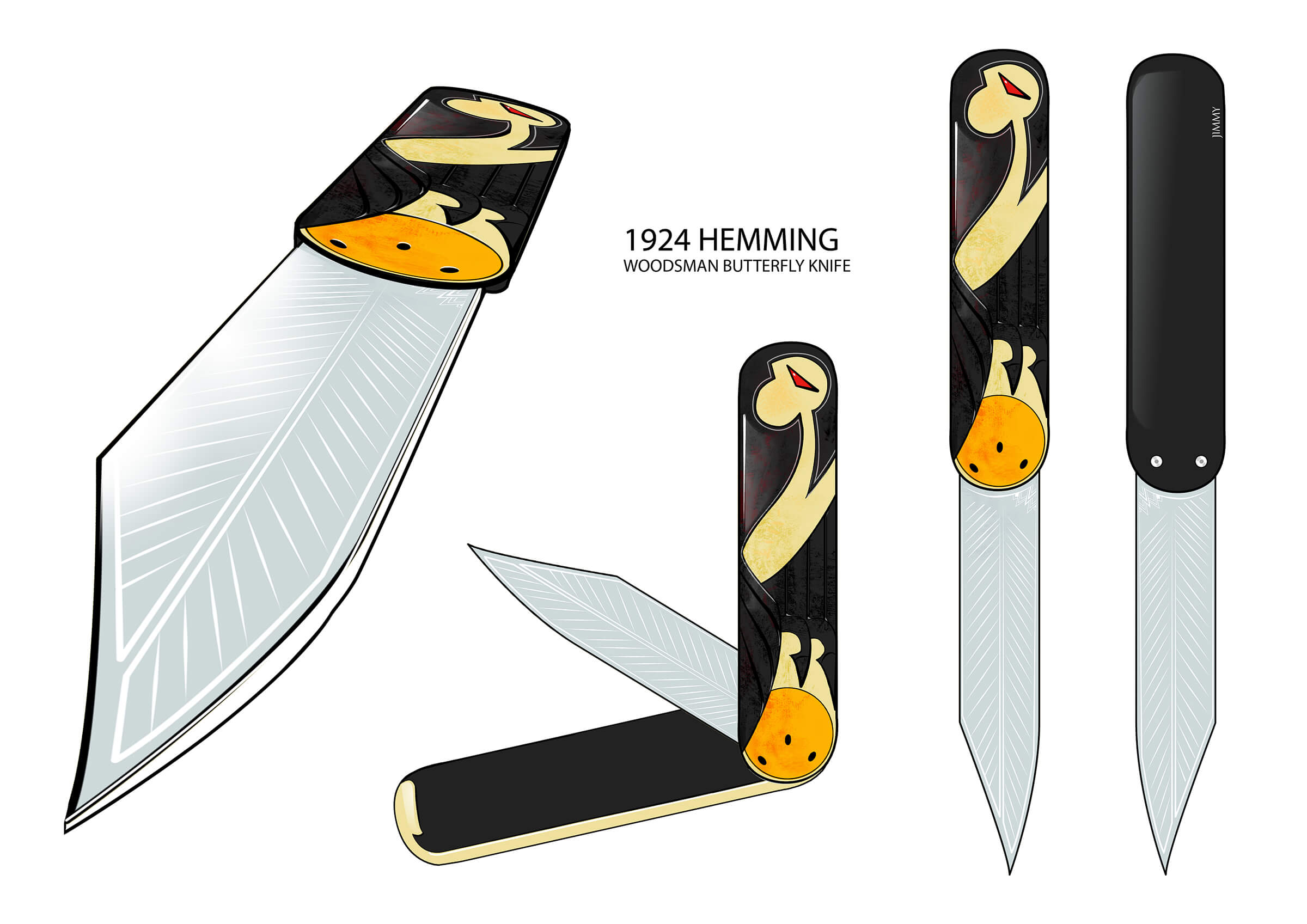 Close-up detail paintings of a butterfly knife featuring and ornate black-orange-and-yellow grip, and leaf-etched blade.