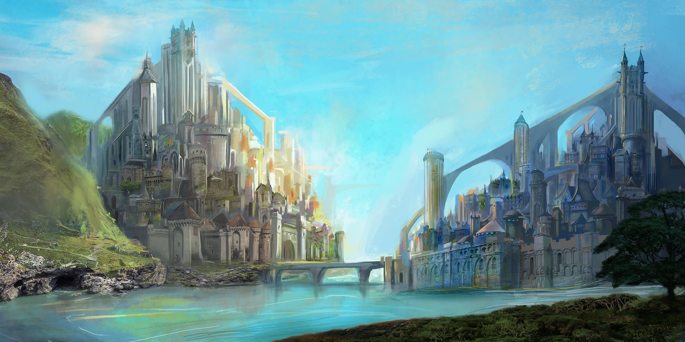 Two high-fantasy-style cities are connected by a single bridge across the river separating them.