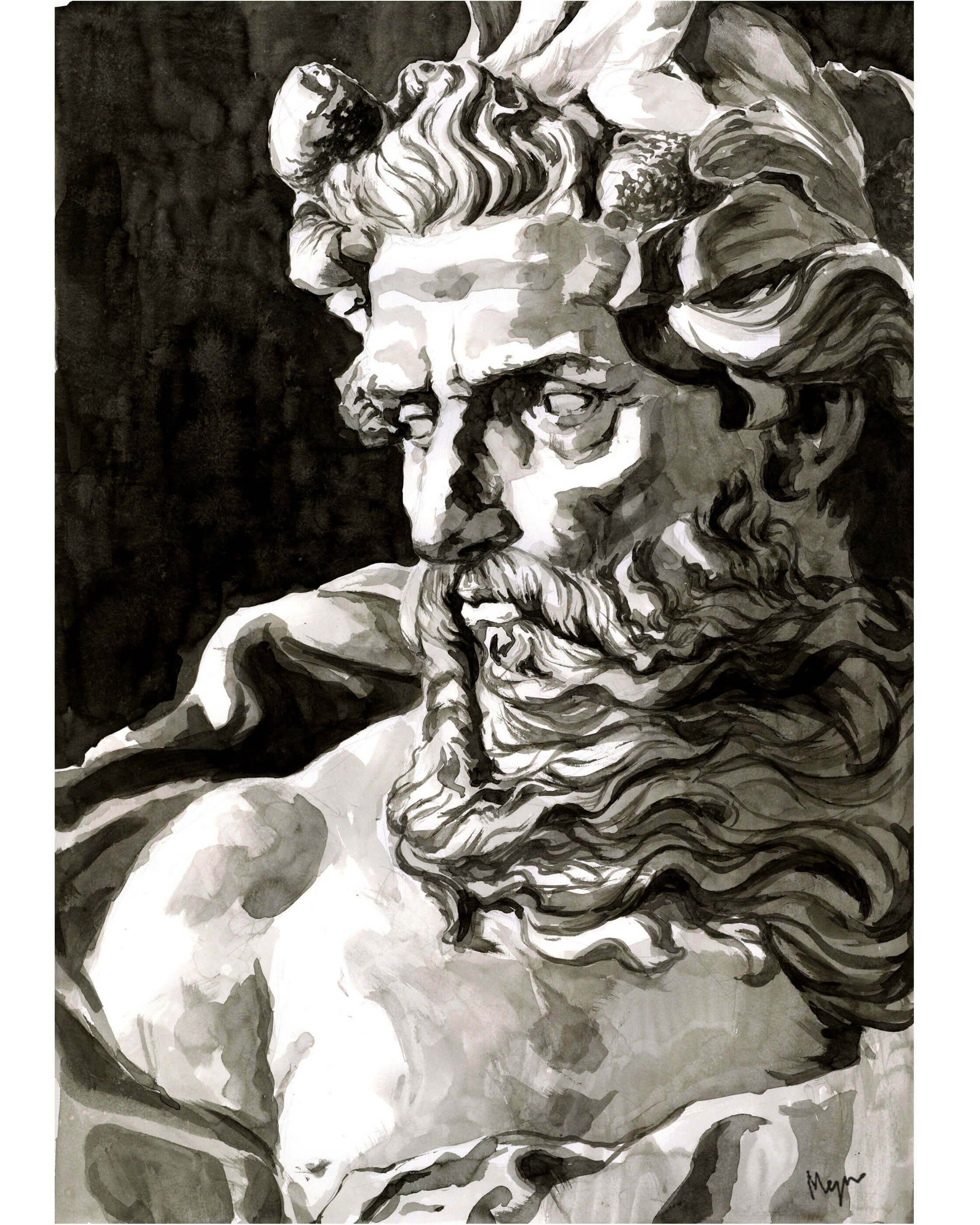 Black-and-White rendition of a portrait of Zeus.