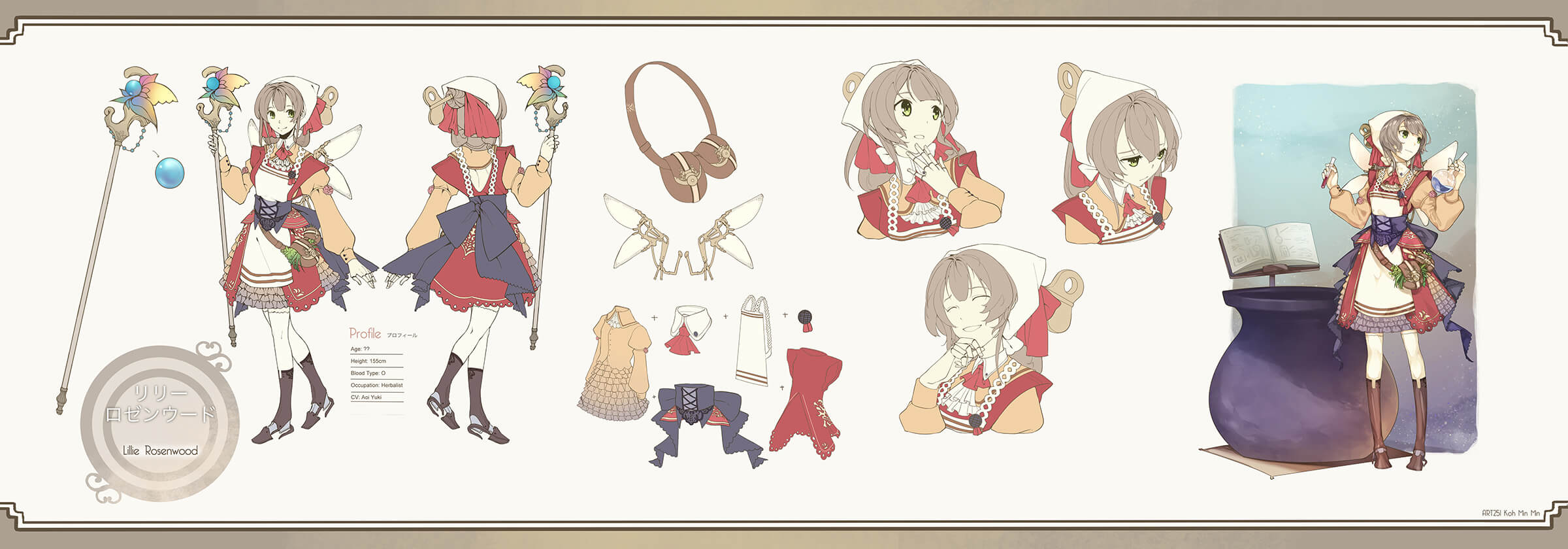 Character sketches of a young woman in red-white-and-blue country-style garb holding an ornate magical staff.