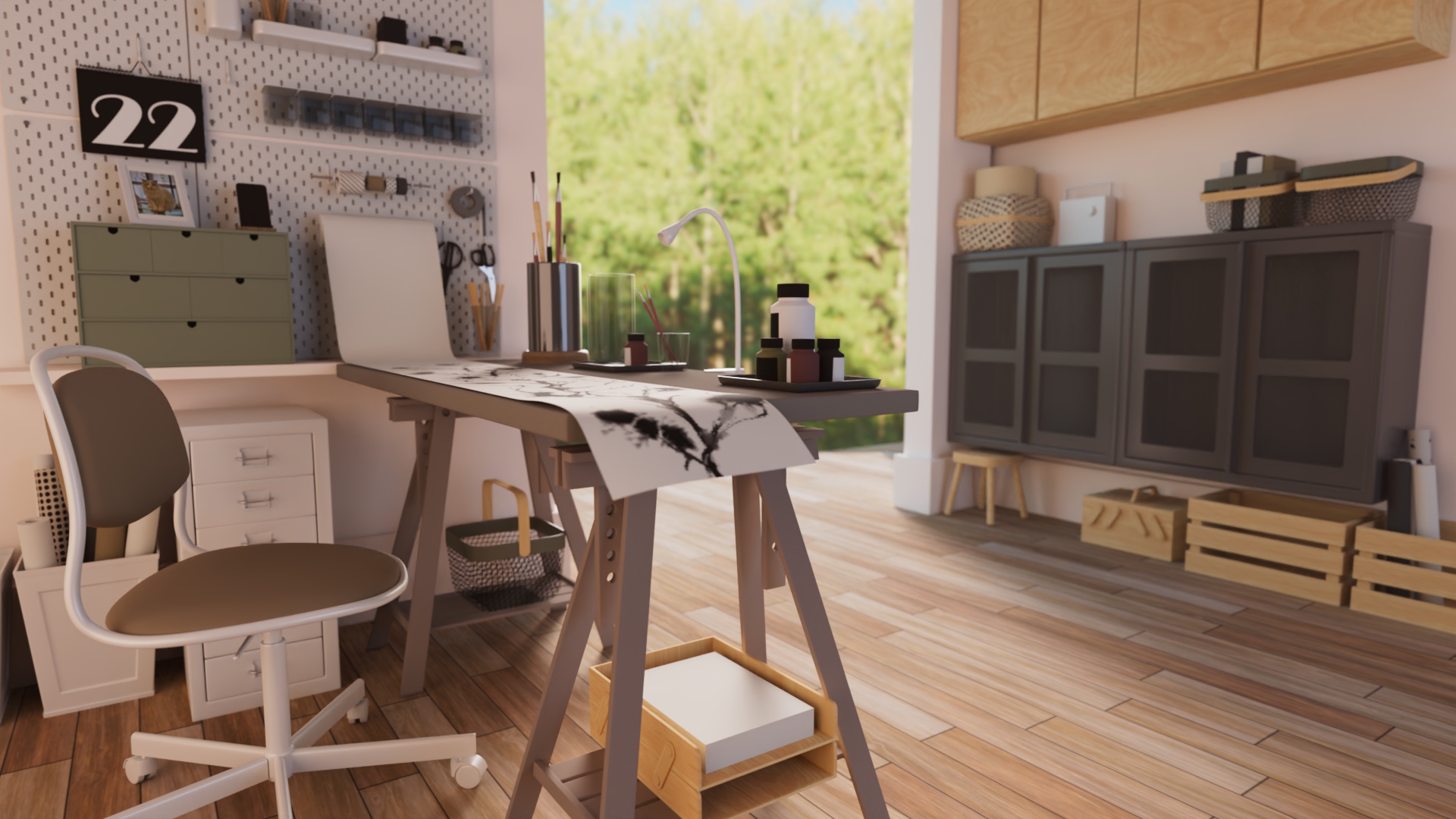 3D interior rendering of an art studio