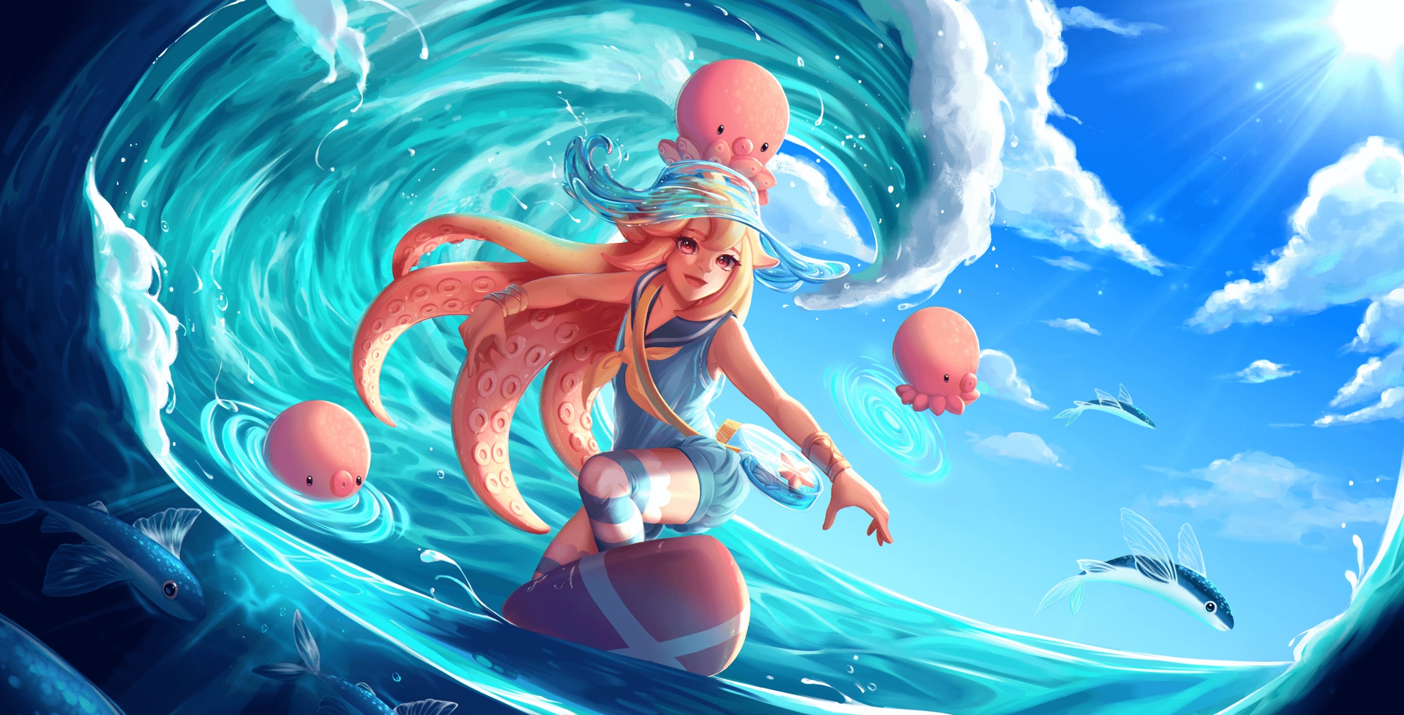 Digital artwork of a fantasy girl surfing with baby octopuses