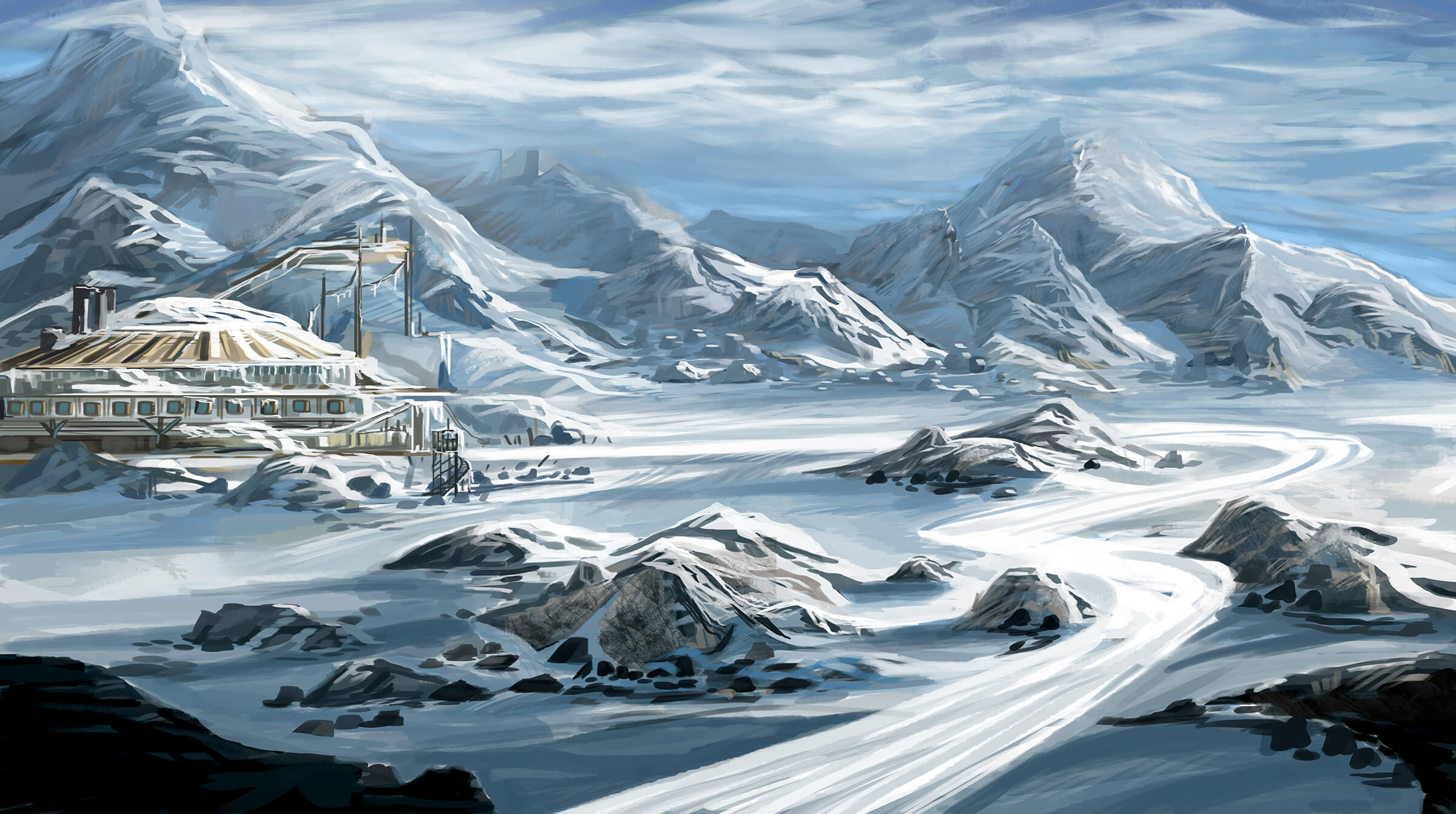 A remote research station and campsite at the base of an icy mountain range, seemingly devoid of activity.