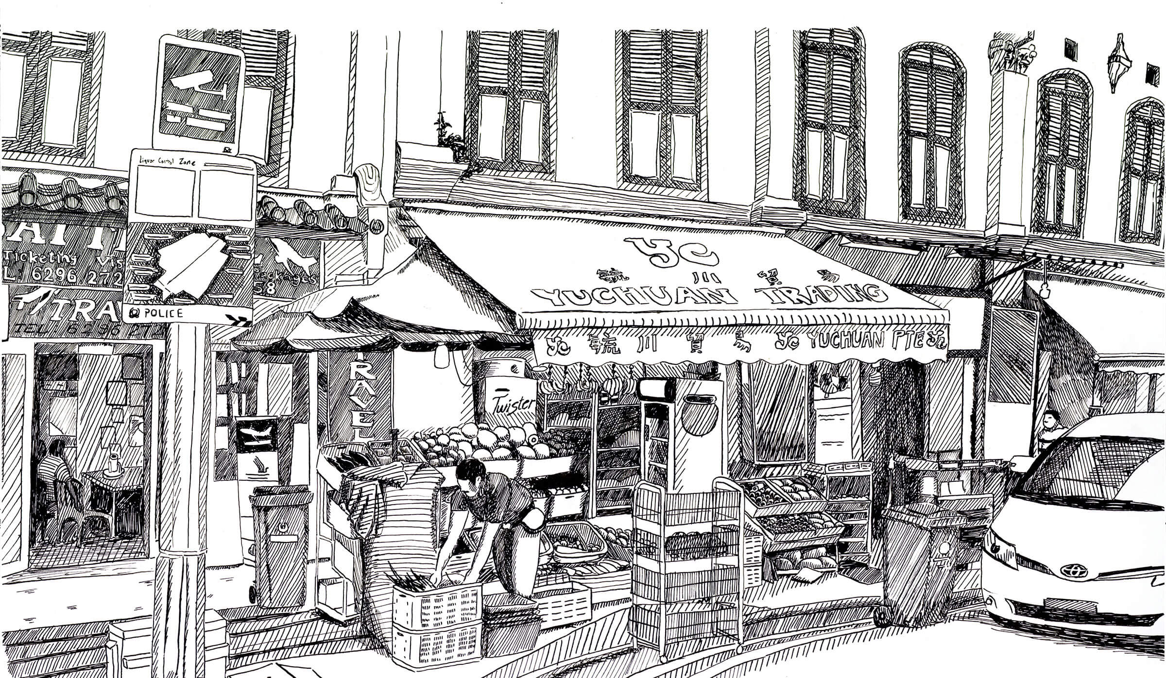 Black-and-white sketch of a grocer stocking produce at a market on the ground floor of a low-rise building.