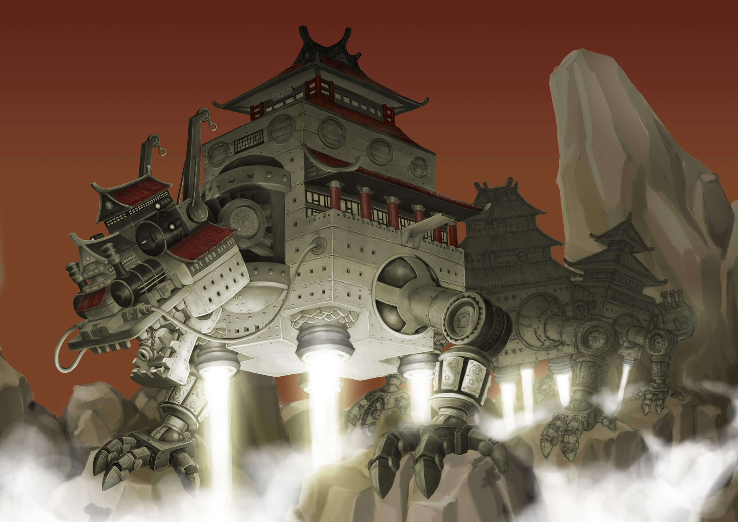 A massive steampunk-style metal dragon made up of interconnected pagoda-style fortresses crawls across a mountain range.