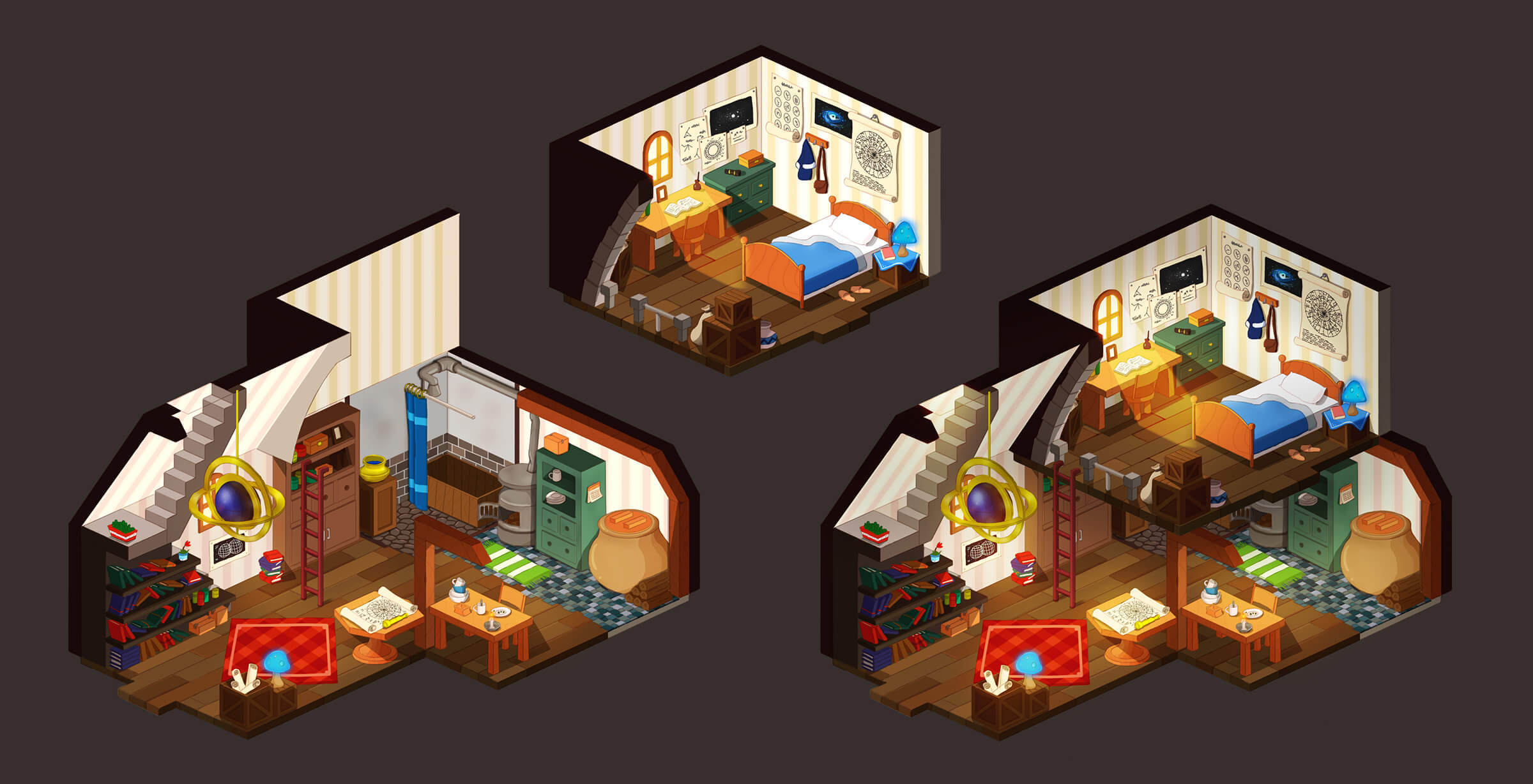 Isometric views of a bedroom and living room of a snug home with simple wooden furnishings and iron stove.