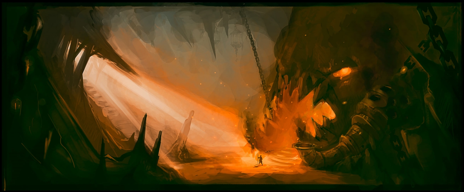 A massive underground cavern is lit from a steep stairway and the fire of a menacing, toothy maw-shaped cave entrance.