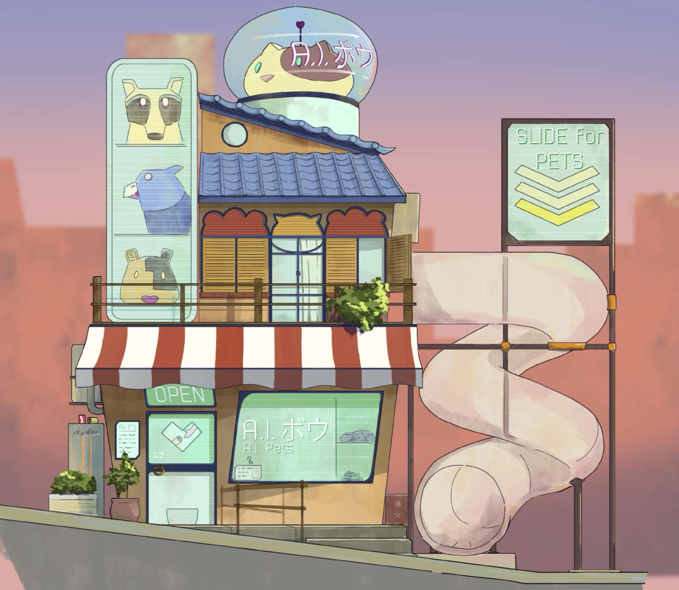 Digital artwork of a cartoon pet shop