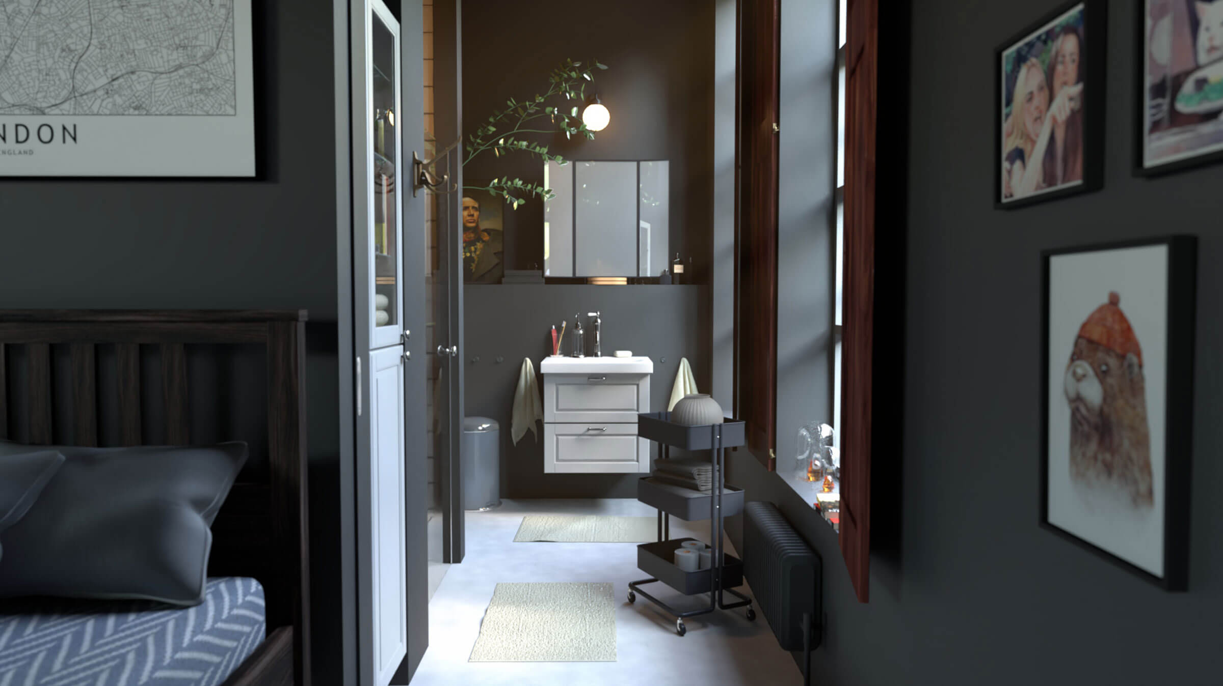 3D-modeled scene looking toward a bathroom sink as seen from a bedroom.