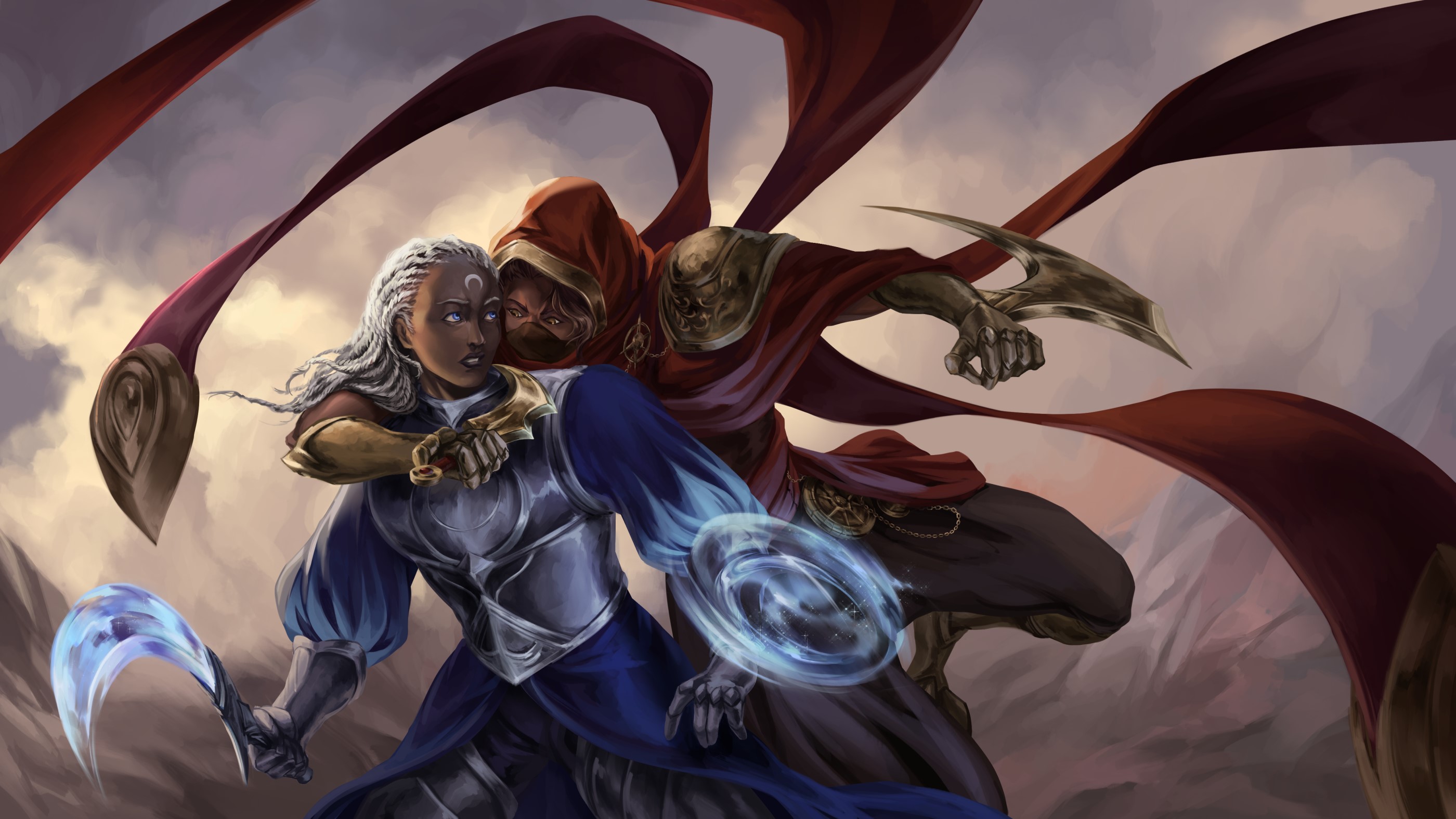 Digital artwork of two fantasy characters engaged in a battle 