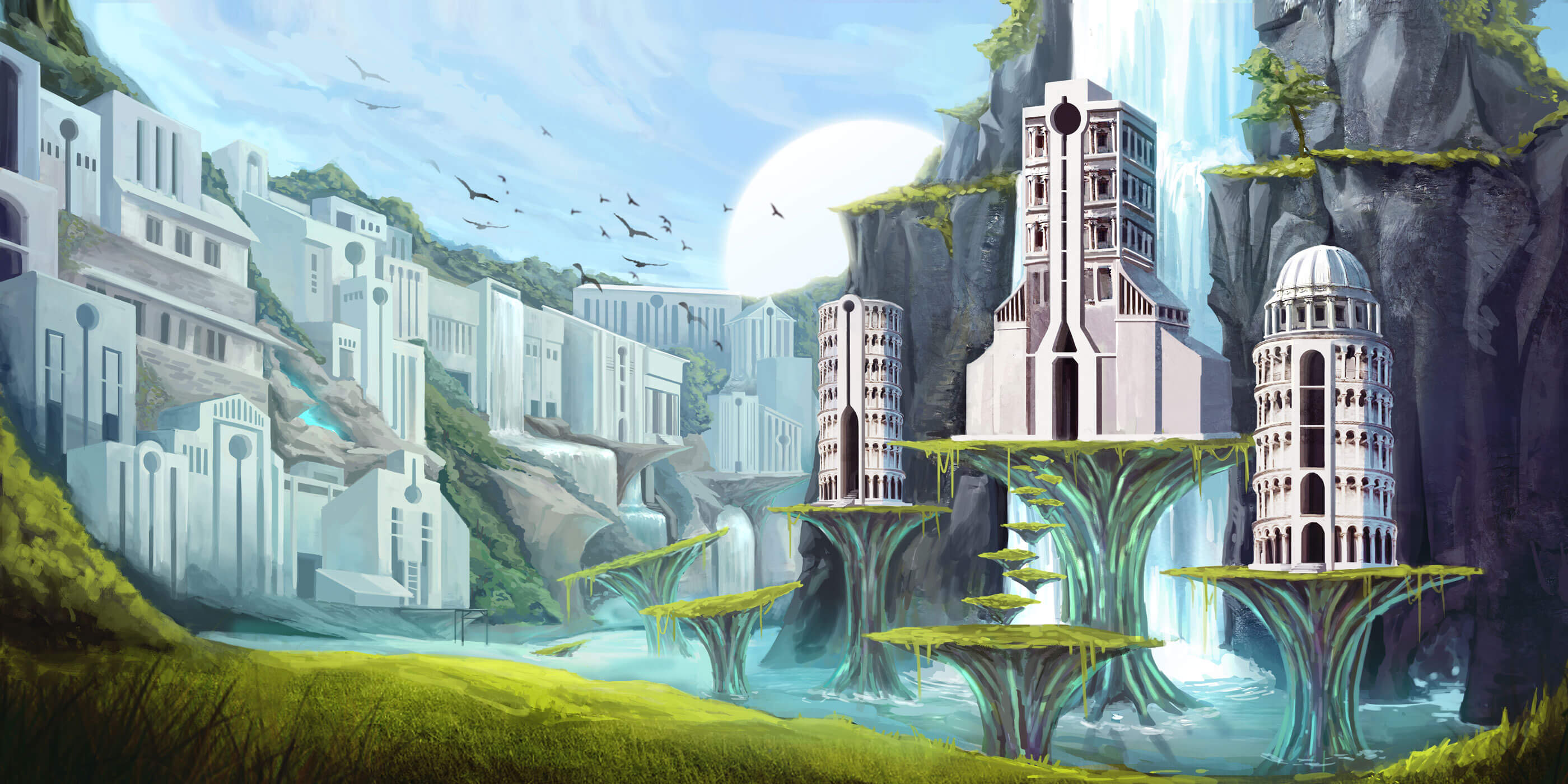 Futuristic Romanesque structures in an alien landscape by a waterfall.