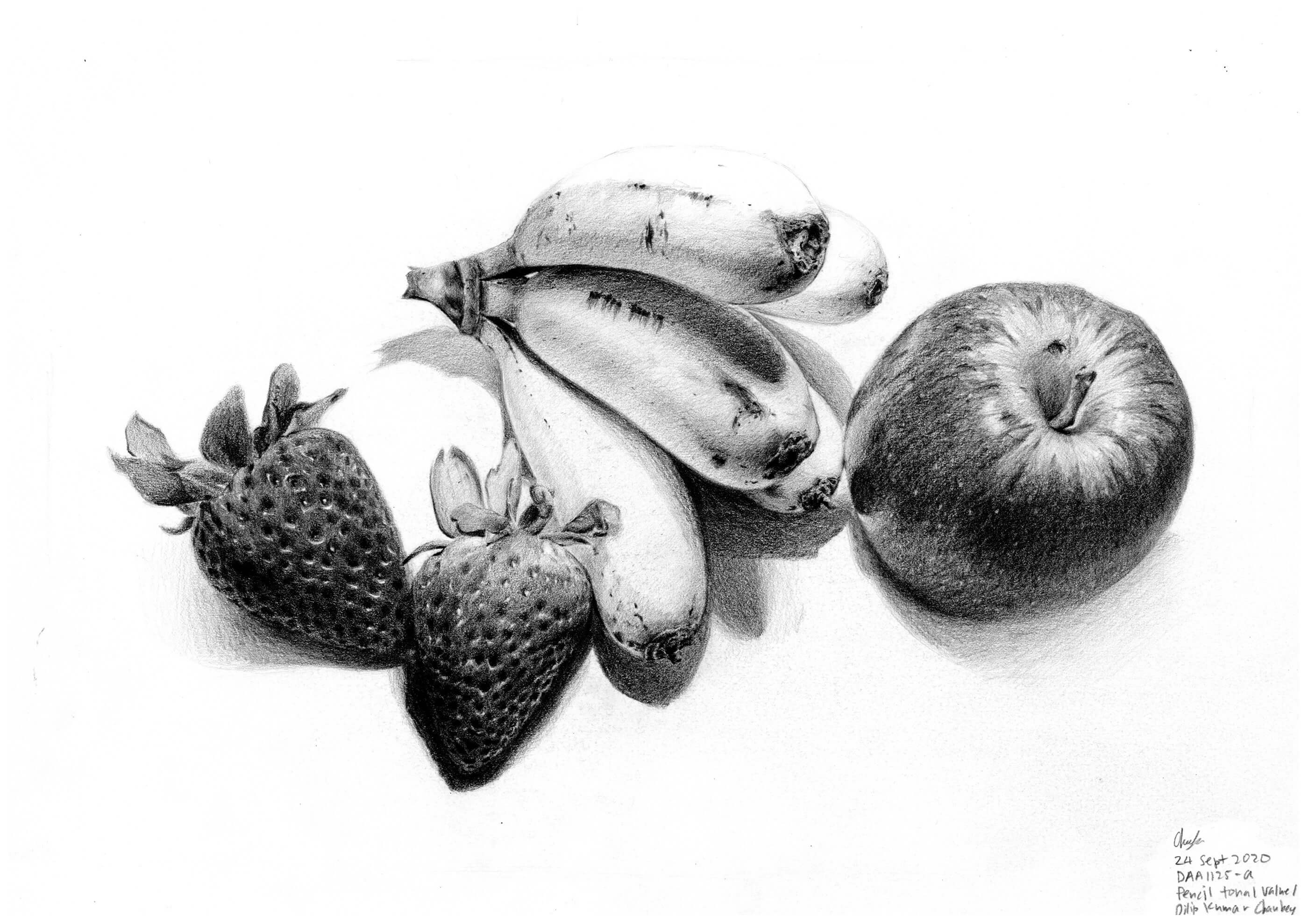 Black-and-White sketch of strawberries, bananas, and an apple.