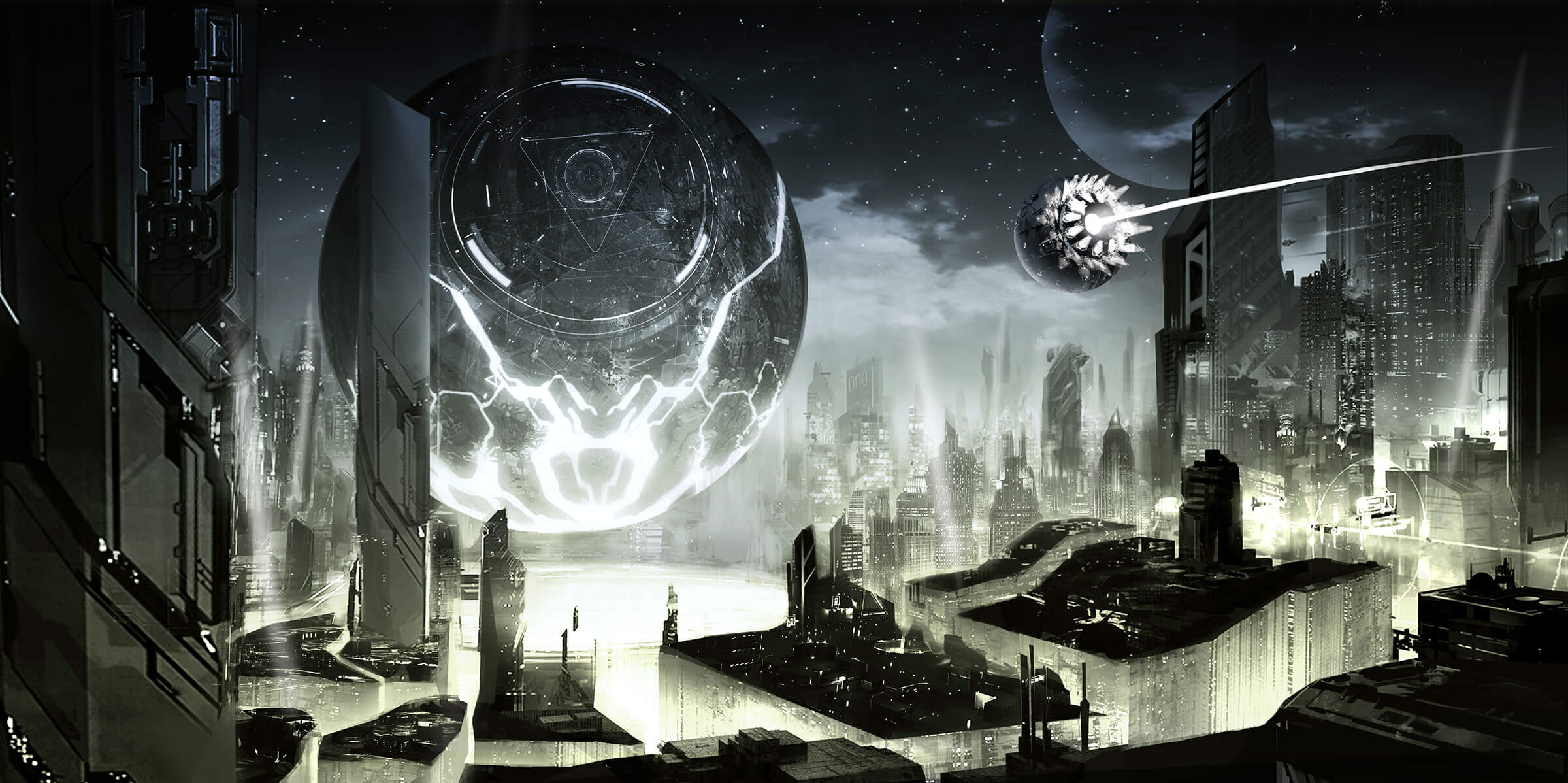 A futuristic cityscape built around a giant sphere hovering just above the ground.